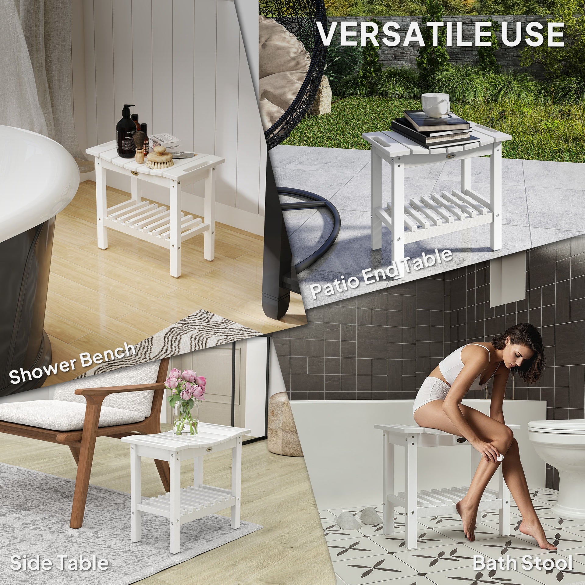 Outsunny HDPE Shower Bench, Waterproof Shower Stool with Handle, Storage Shelf, Non-Slip Pads for Indoor Outdoor, White