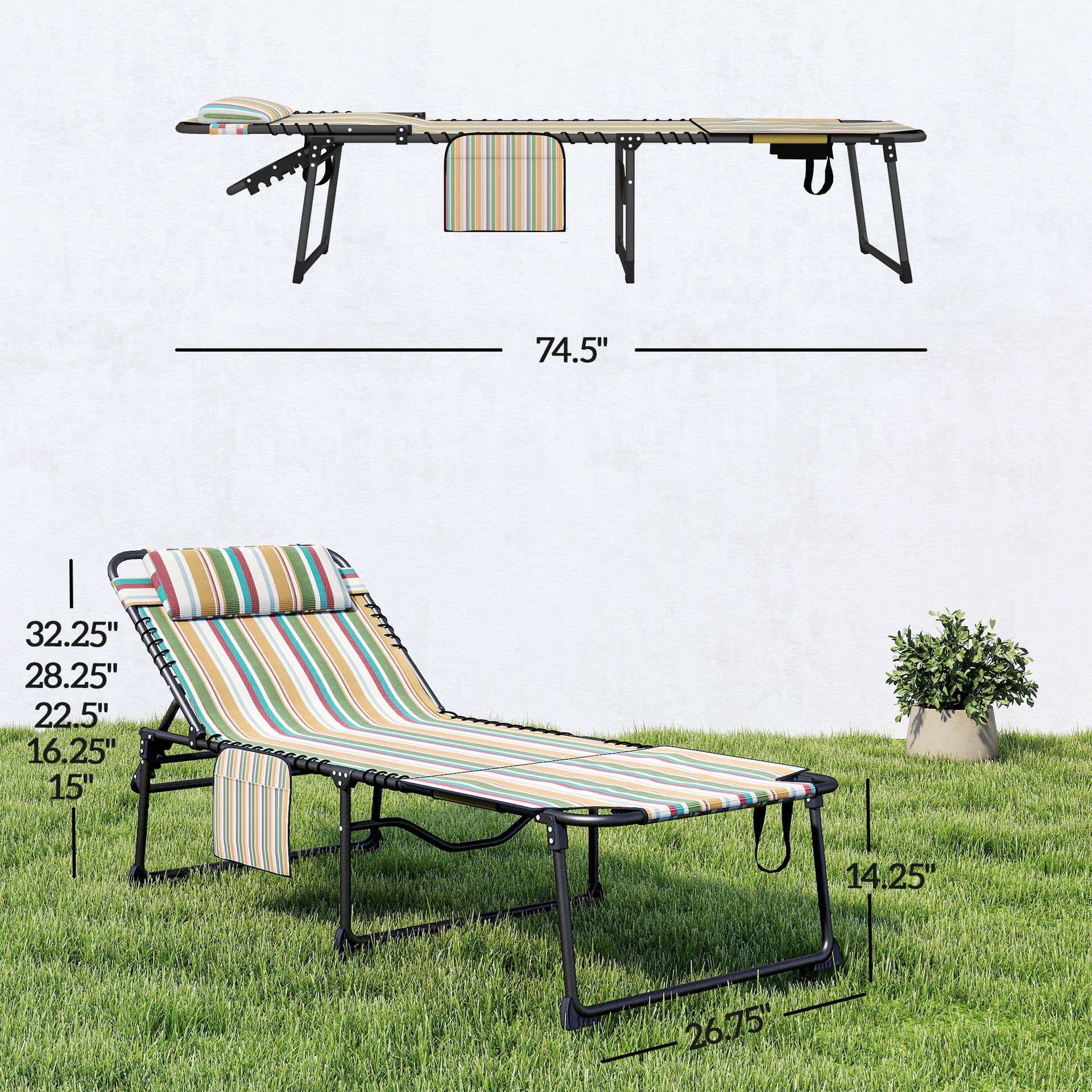 Outsunny 2 Piece Folding Chaise Lounge Pool Chairs with 5-level Reclining Back, Reading Hole, Side Pocket, Rainbow Striped