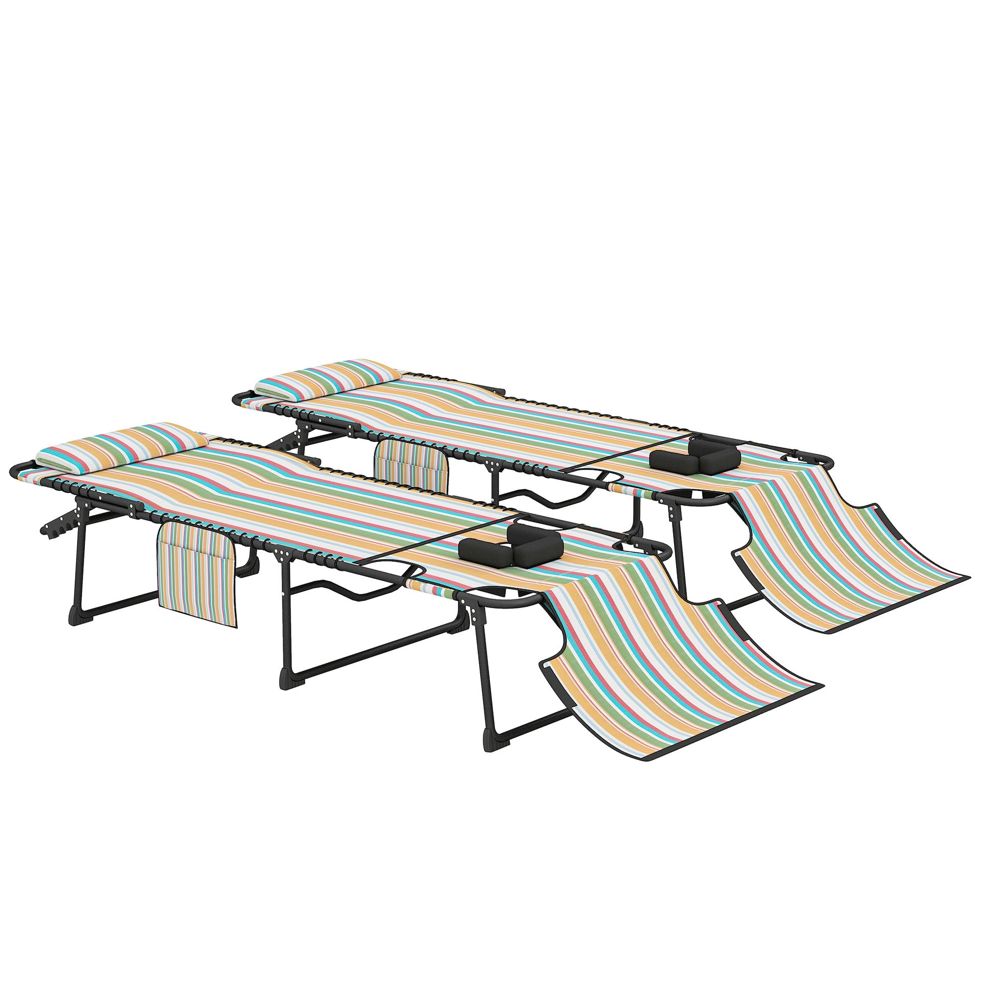 Outsunny 2 Piece Folding Chaise Lounge Pool Chairs with 5-level Reclining Back, Reading Hole, Side Pocket, Rainbow Striped