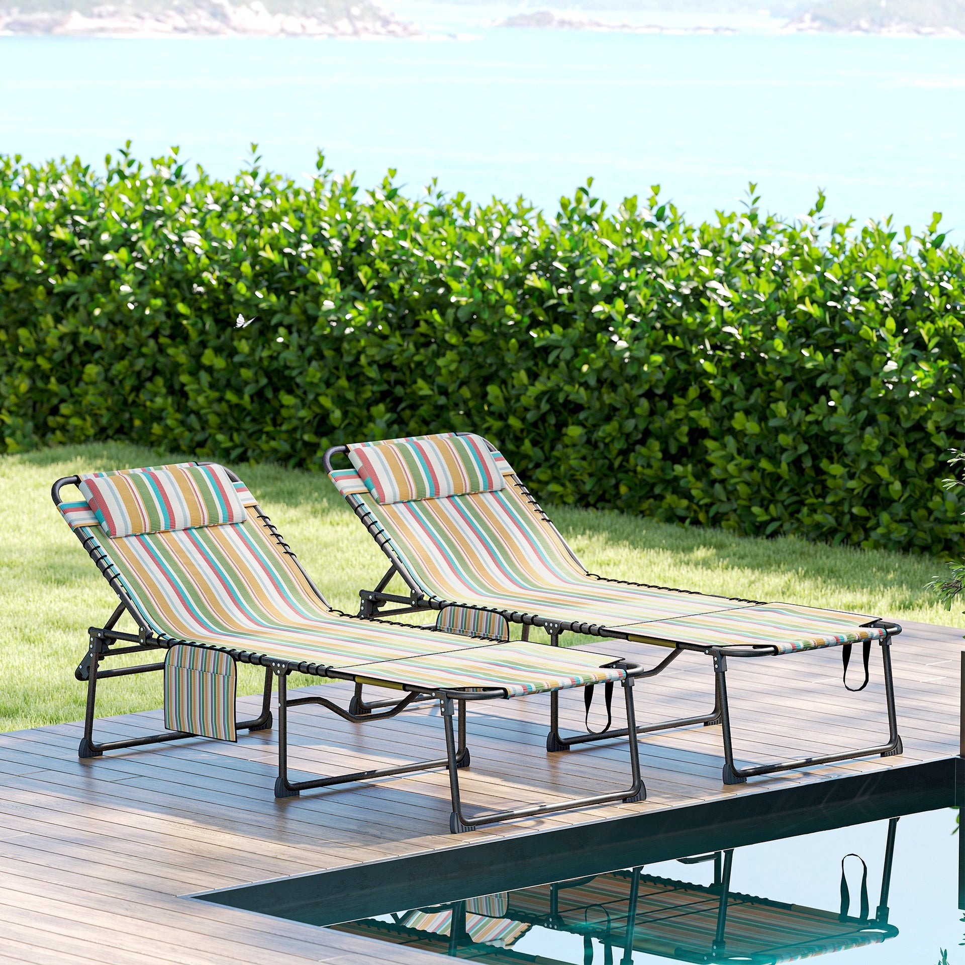 Outsunny 2 Piece Folding Chaise Lounge Pool Chairs with 5-level Reclining Back, Reading Hole, Side Pocket, Rainbow Striped