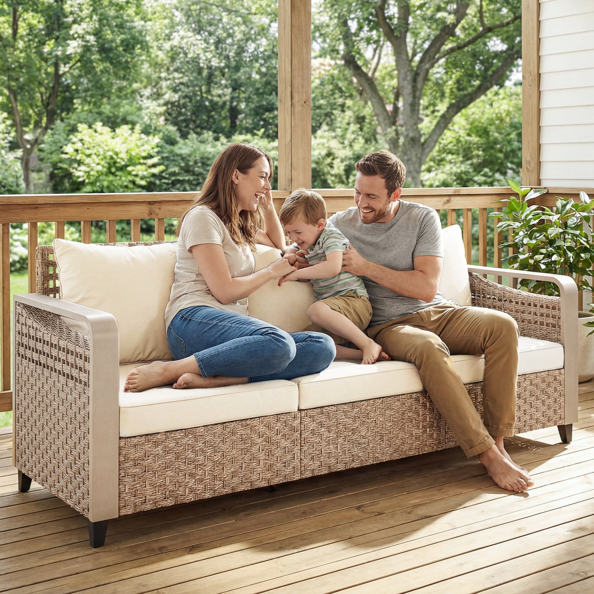 Outsunny Rattan Wicker Sofa 3-Seater Outdoor Patio Sofa with Cushions for Garden Backyard Porch Beige