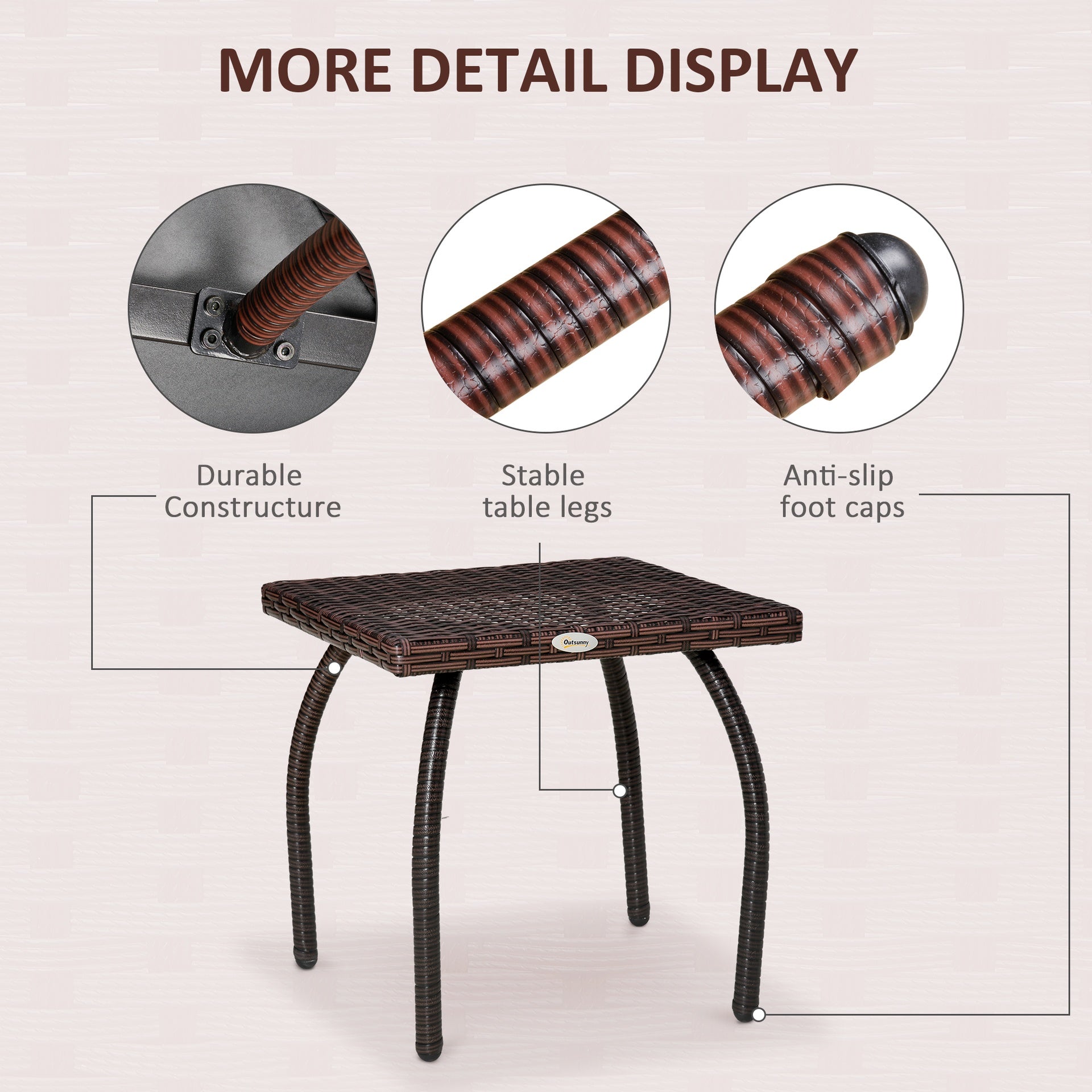 Outsunny Outdoor PE Wicker Side Table, Small Square Rattan End Table, All-Weather Material Coffee Table for Garden, Balcony, Backyard, Brown