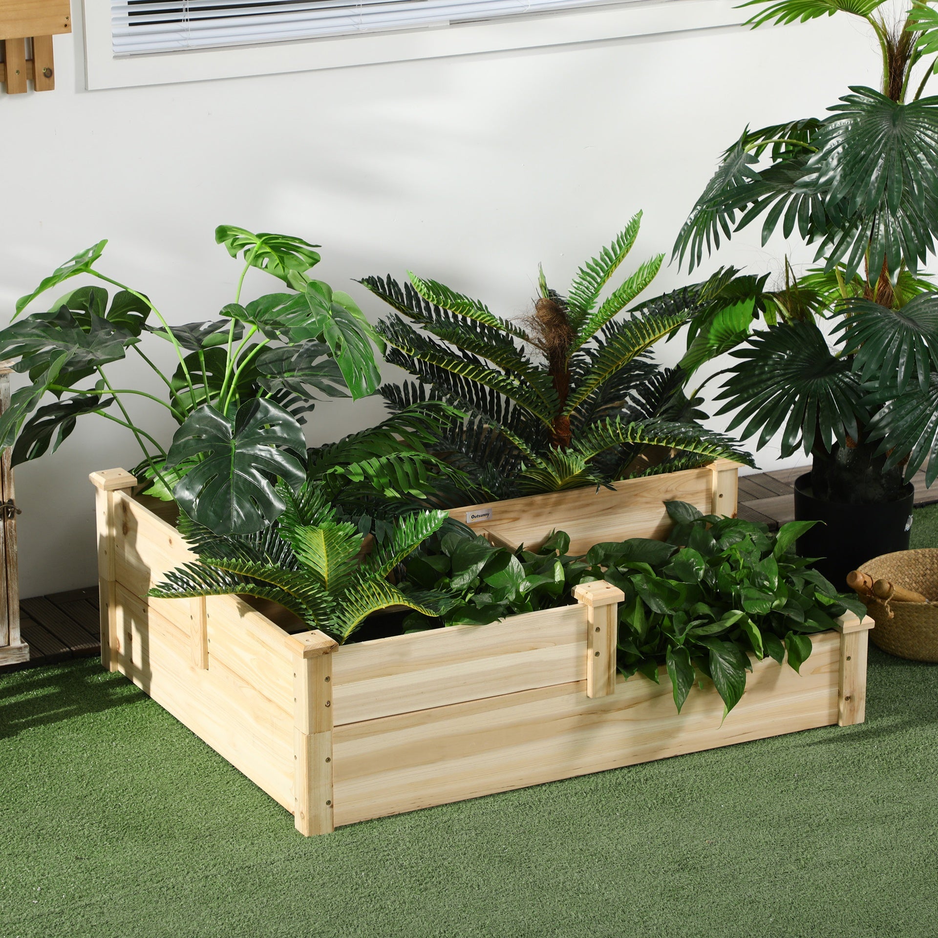 Outsunny 3 Tier Raised Flower Bed Outdoor Planter Box Wooden Garden Bed, Open Bottom for Plants, 42.5"x34.75"x14.25", Natural