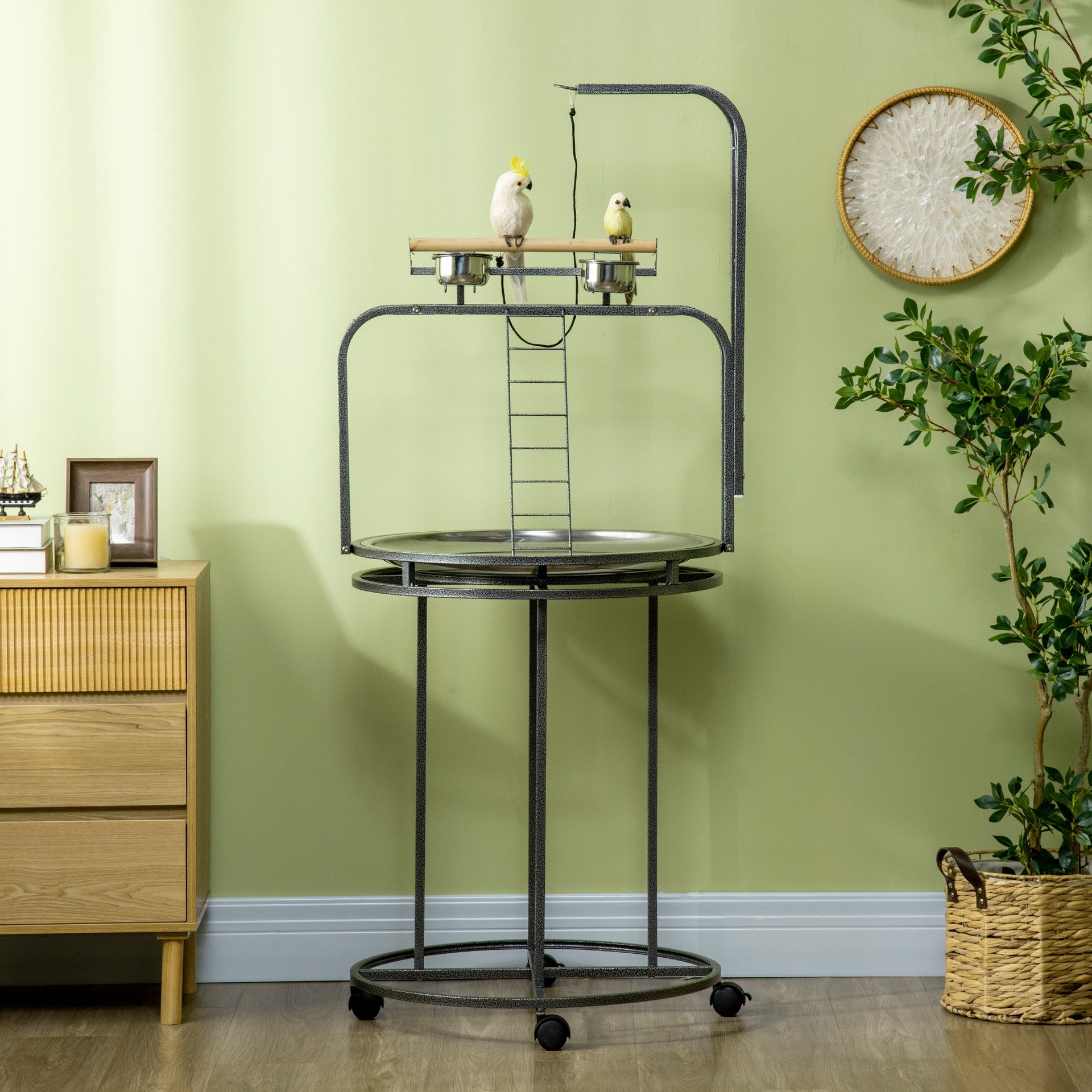 PawHut Parrot Stand Large Bird Perch Stand with Toy Hook & 3 Ladders, Parrot Perch, Bird Wooden Stand, Gray