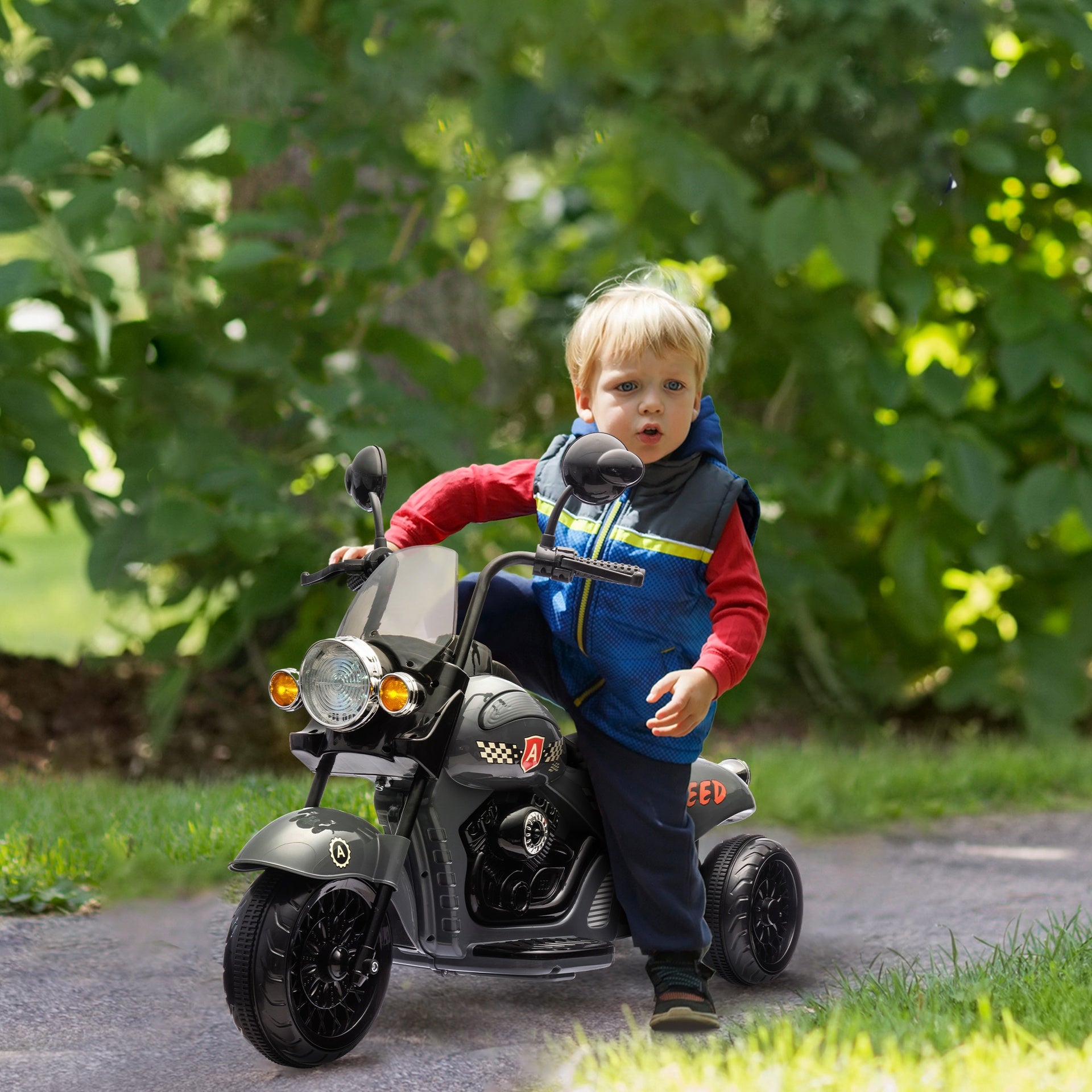 Qaba 6V 3 Wheel Electric Motorcycle for Kids, Battery Powered Motorbike w/ Headlights, Music, Forward & Reverse, Gray