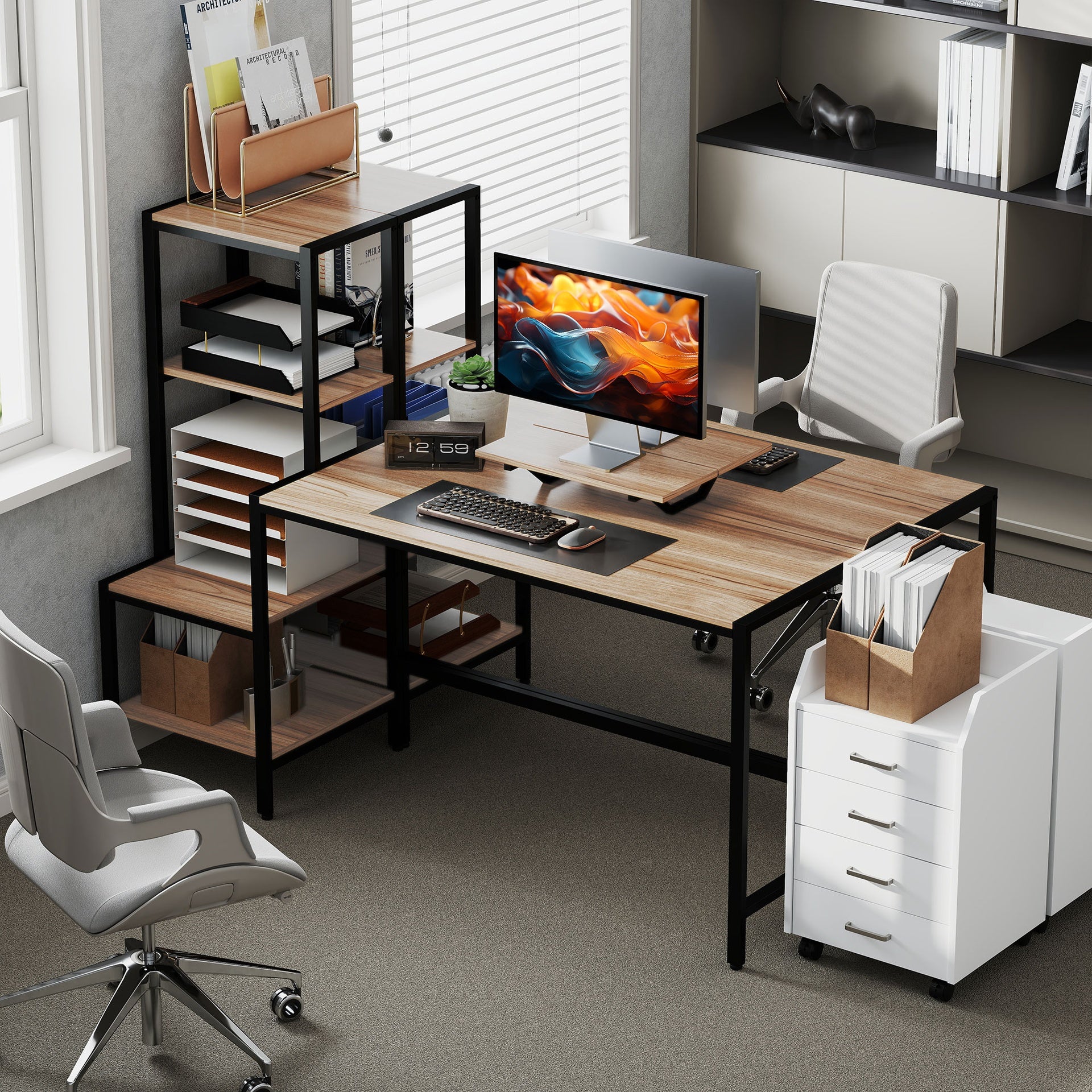HOMCOM Computer Desk, 67" CPU Desk with Monitor Stand, Reversible 4-Tier Shelf, Industrial Writing Desk for Study Room, Brown