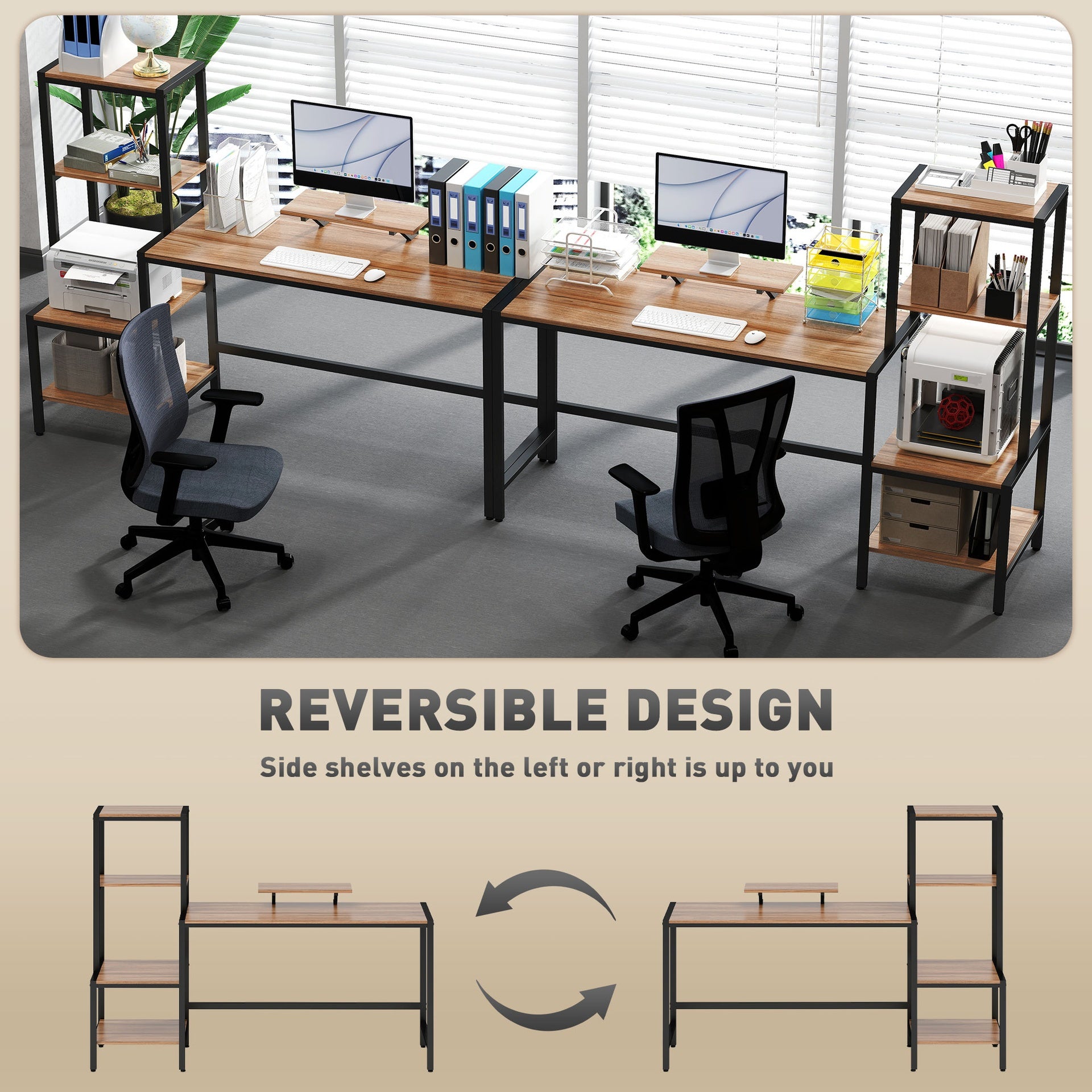 HOMCOM Computer Desk, 67" CPU Desk with Monitor Stand, Reversible 4-Tier Shelf, Industrial Writing Desk for Study Room, Brown