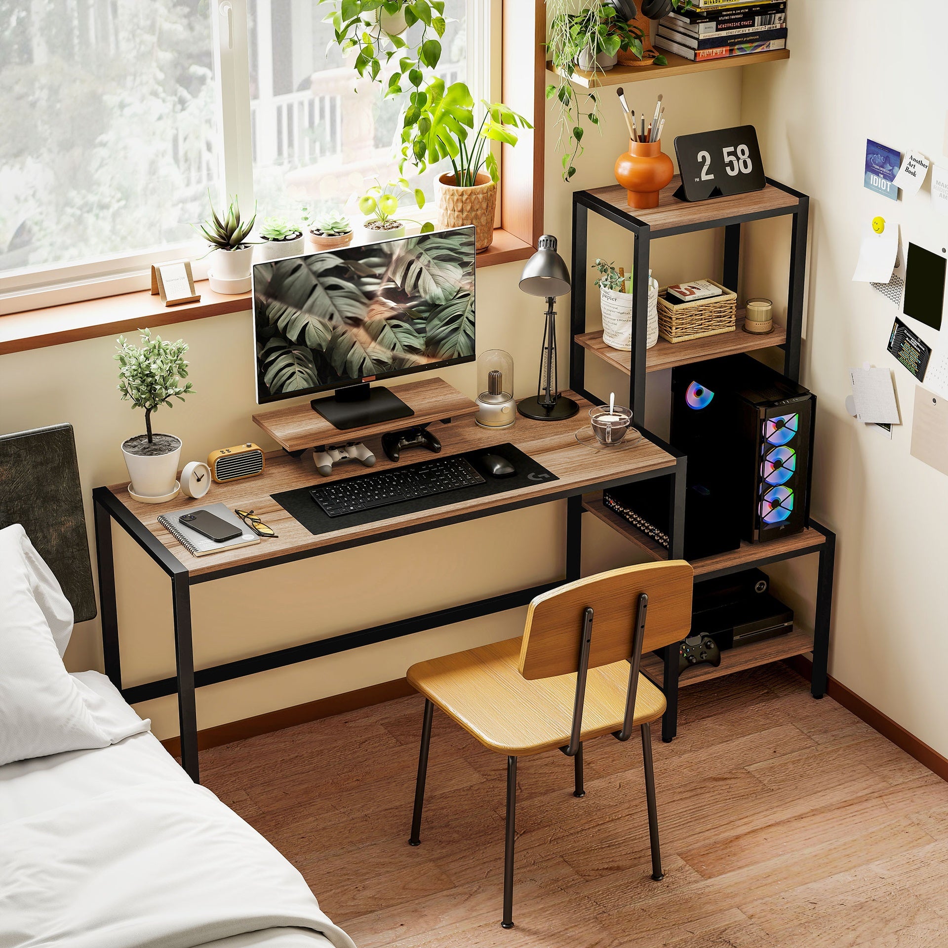HOMCOM Computer Desk, 67" CPU Desk with Monitor Stand, Reversible 4-Tier Shelf, Industrial Writing Desk for Study Room, Brown