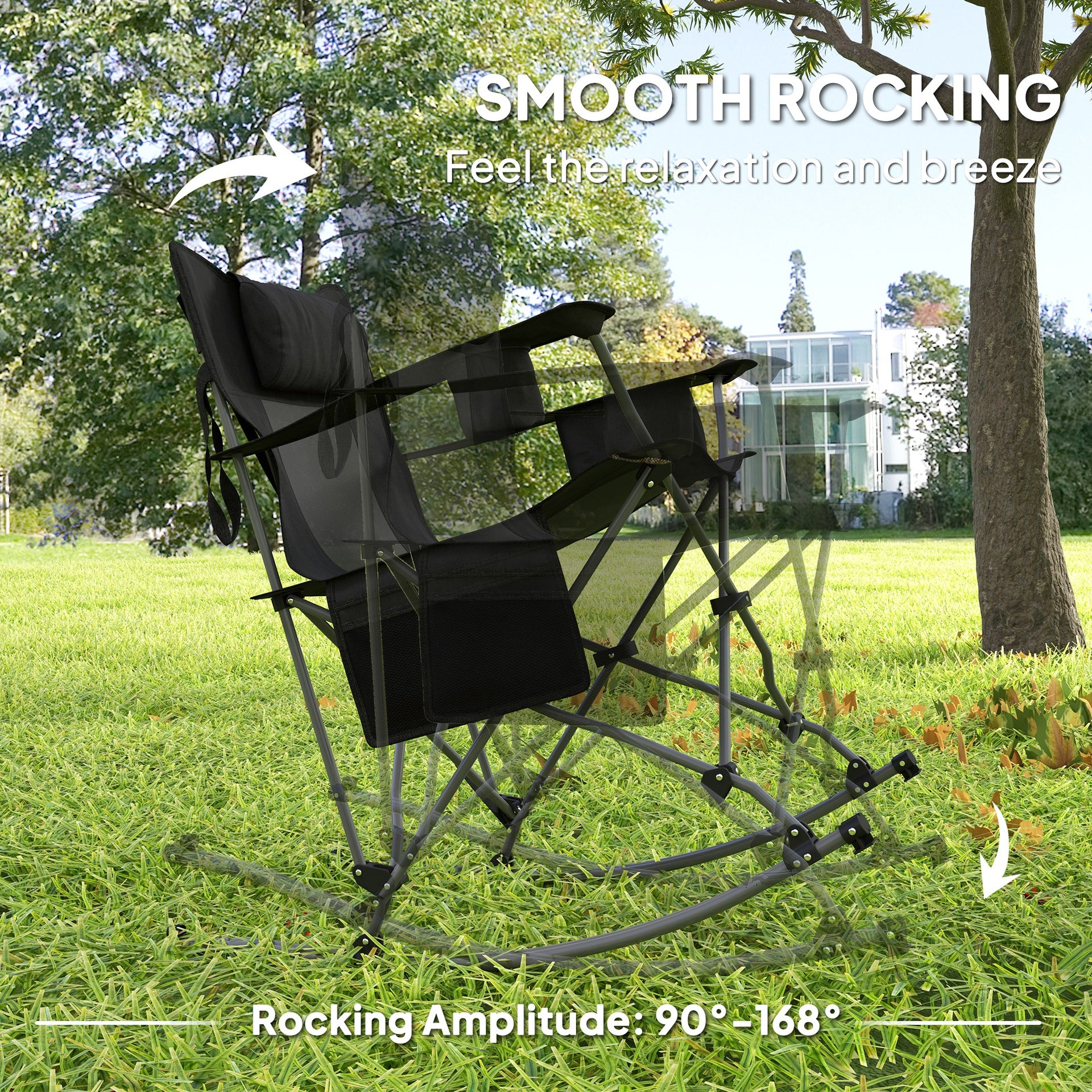 Outsunny Folding Rocking Camping Chairs, Portable Chairs with Headrest, Cooler Bag, Cup Holder, Carry Bag, 2 Pack, Black