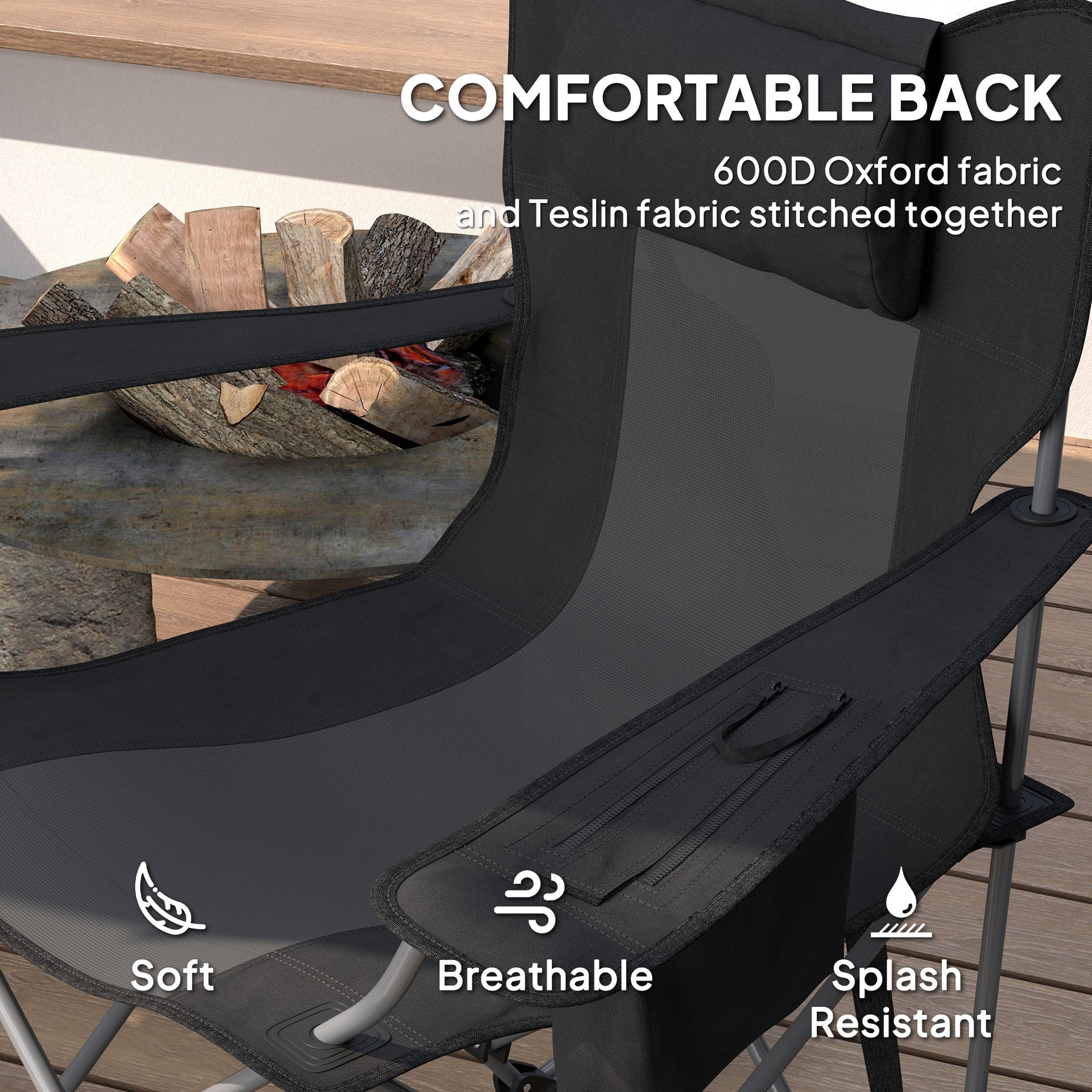 Outsunny Folding Rocking Camping Chairs, Portable Chairs with Headrest, Cooler Bag, Cup Holder, Carry Bag, 2 Pack, Black