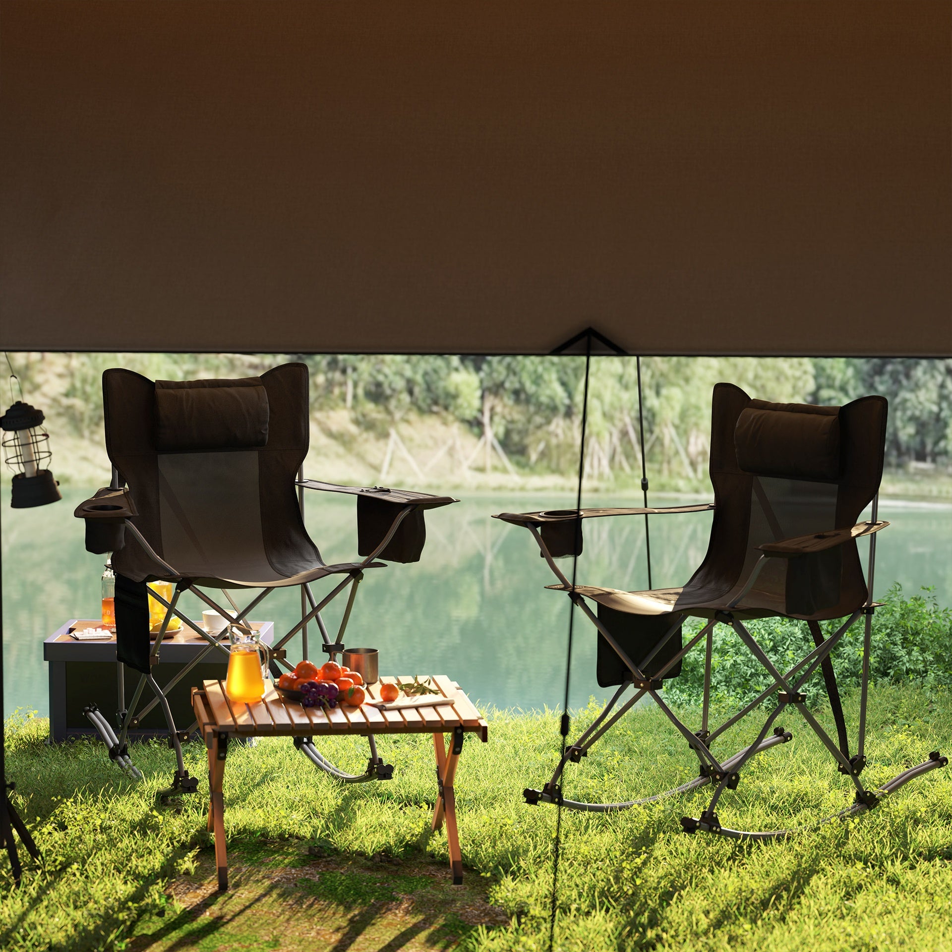 Outsunny Folding Rocking Camping Chairs, Portable Chairs with Headrest, Cooler Bag, Cup Holder, Carry Bag, 2 Pack, Black