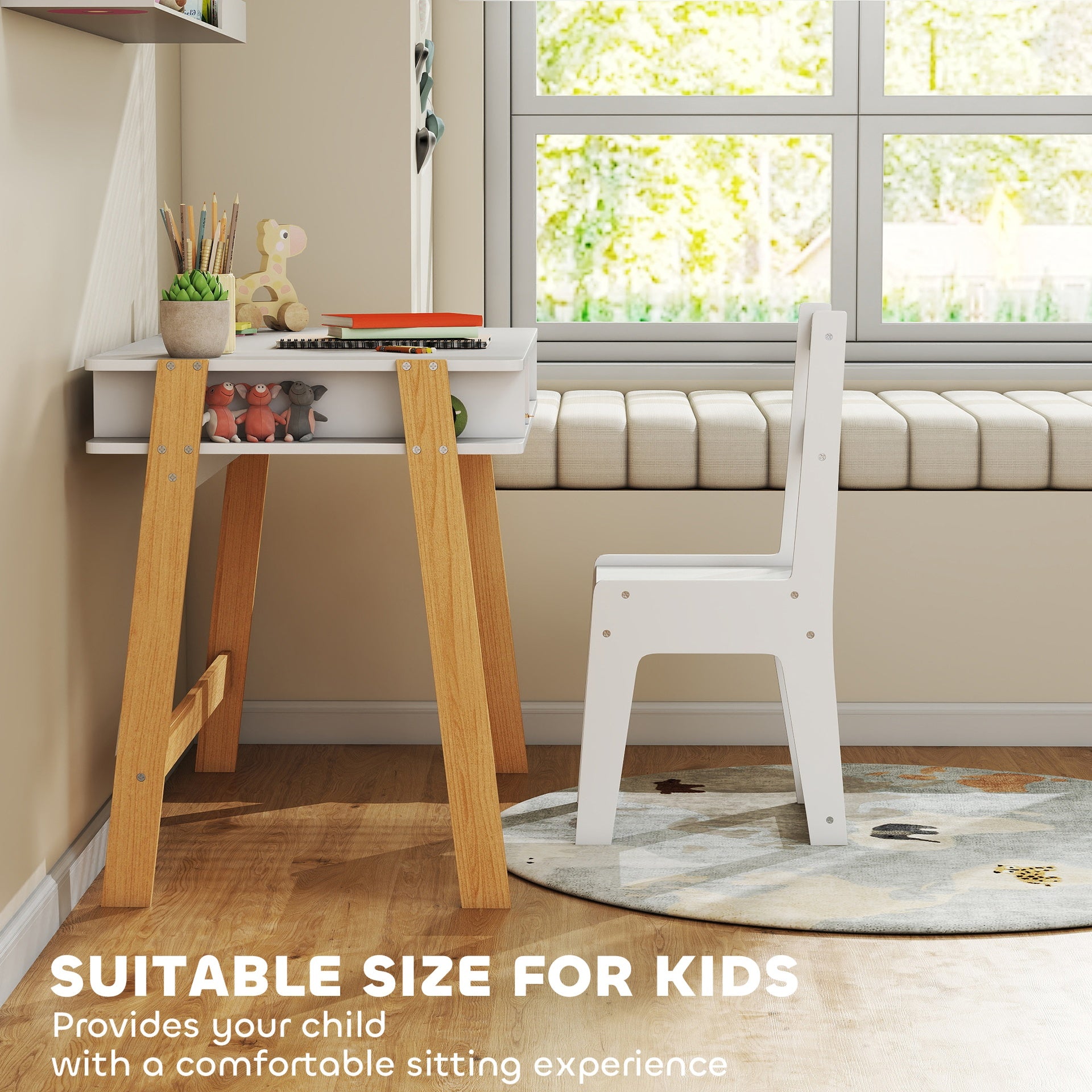 Qaba Kids Desk and Chair Set with Storage for Bedroom, School, Gift for Children Ages 3-12, White