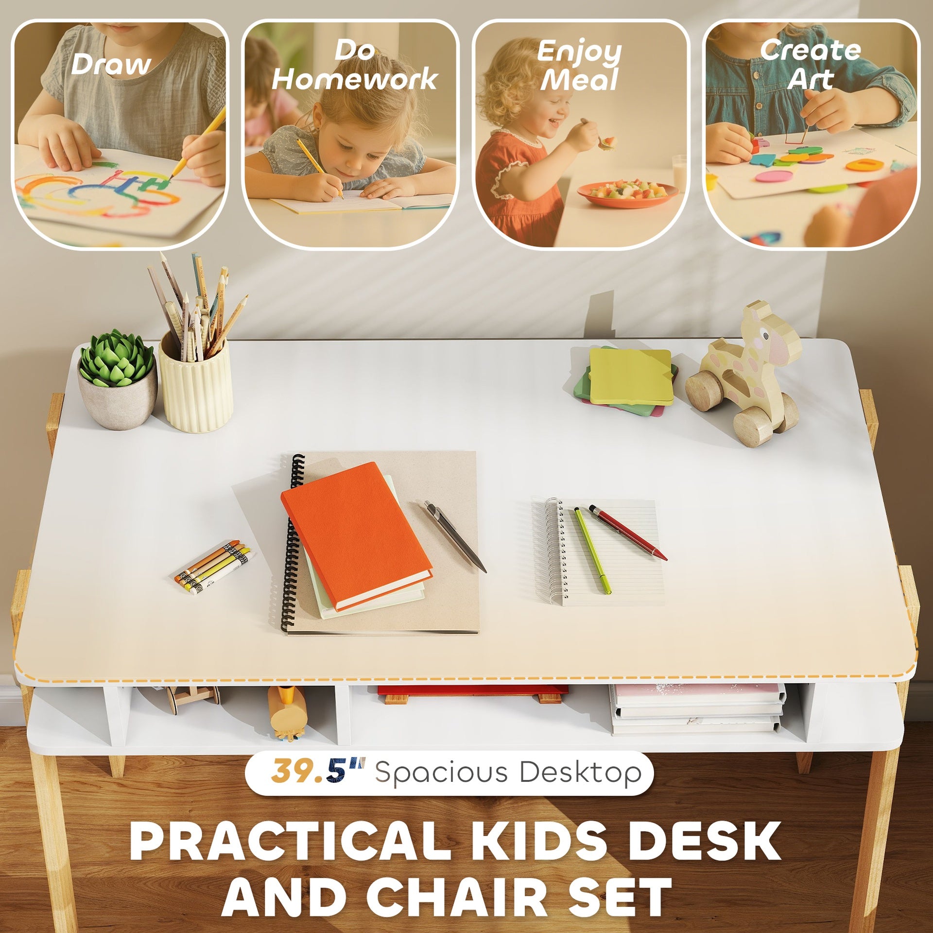 Qaba Kids Desk and Chair Set with Storage for Bedroom, School, Gift for Children Ages 3-12, White
