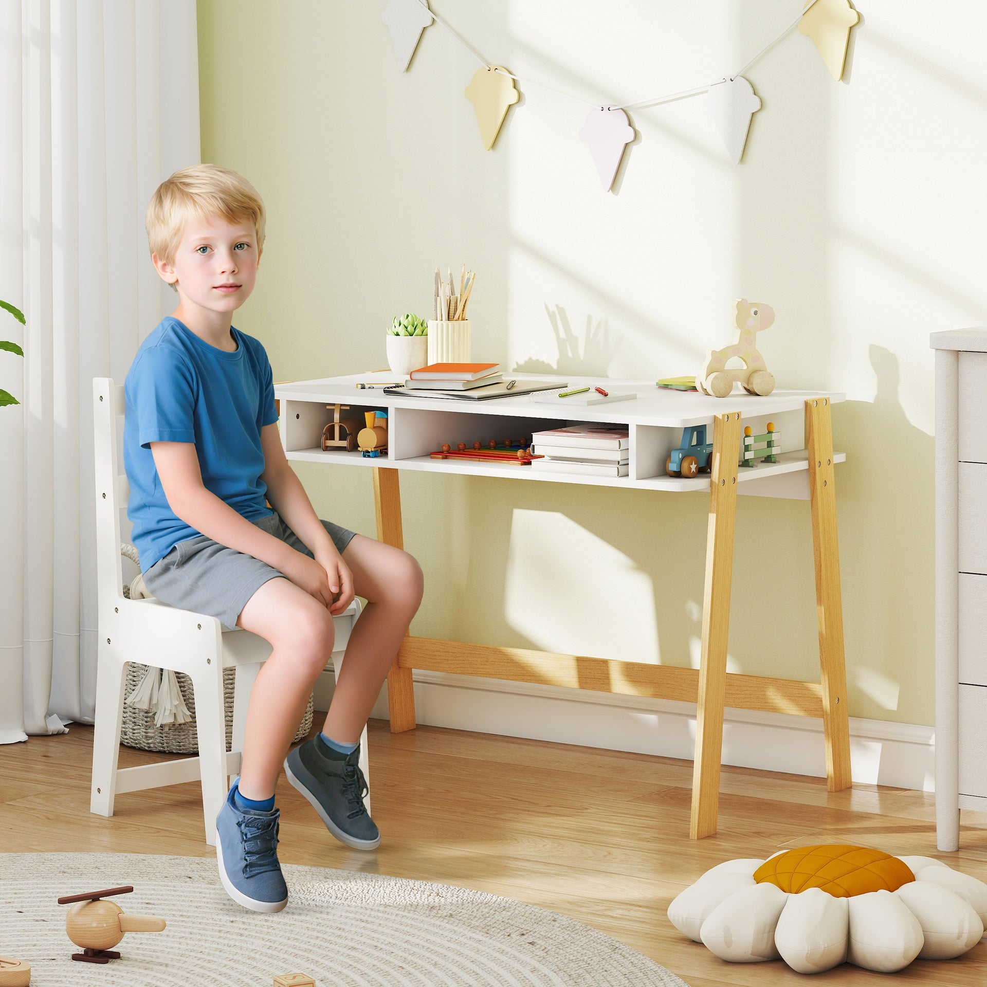 Qaba Kids Desk and Chair Set with Storage for Bedroom, School, Gift for Children Ages 3-12, White