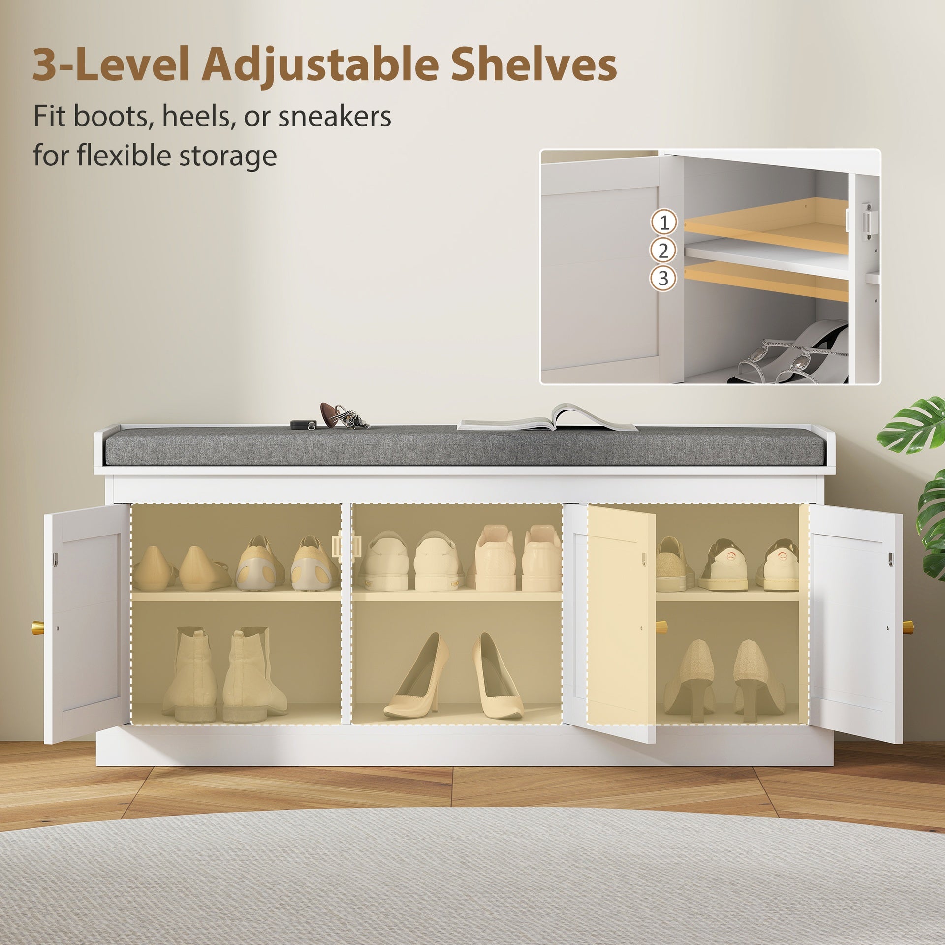 HOMCOM Shoe Storage Bench with Woven Rattan Doors, Shoe Bench with Cushion, Adjustable Shelves, Entryway Bench, White
