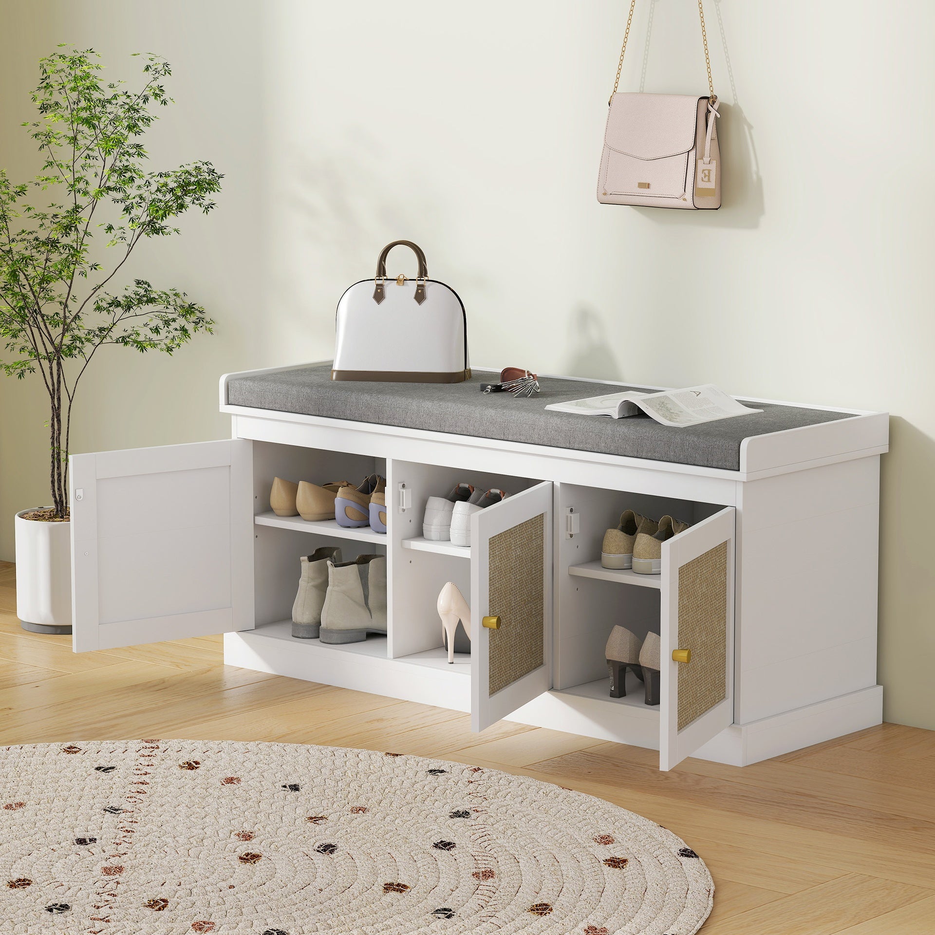 HOMCOM Shoe Storage Bench with Woven Rattan Doors, Shoe Bench with Cushion, Adjustable Shelves, Entryway Bench, White