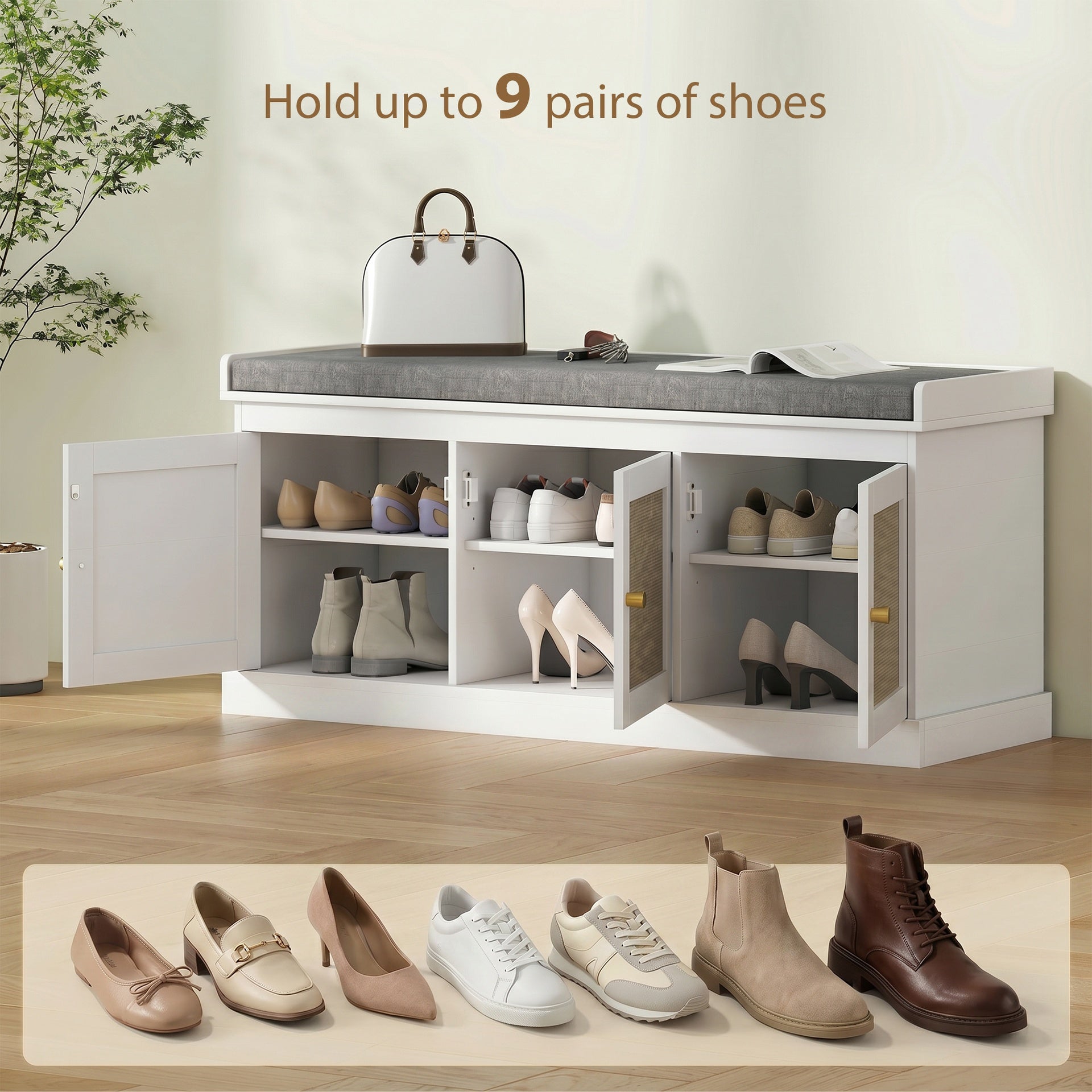 HOMCOM Shoe Storage Bench with Woven Rattan Doors, Shoe Bench with Cushion, Adjustable Shelves, Entryway Bench, White