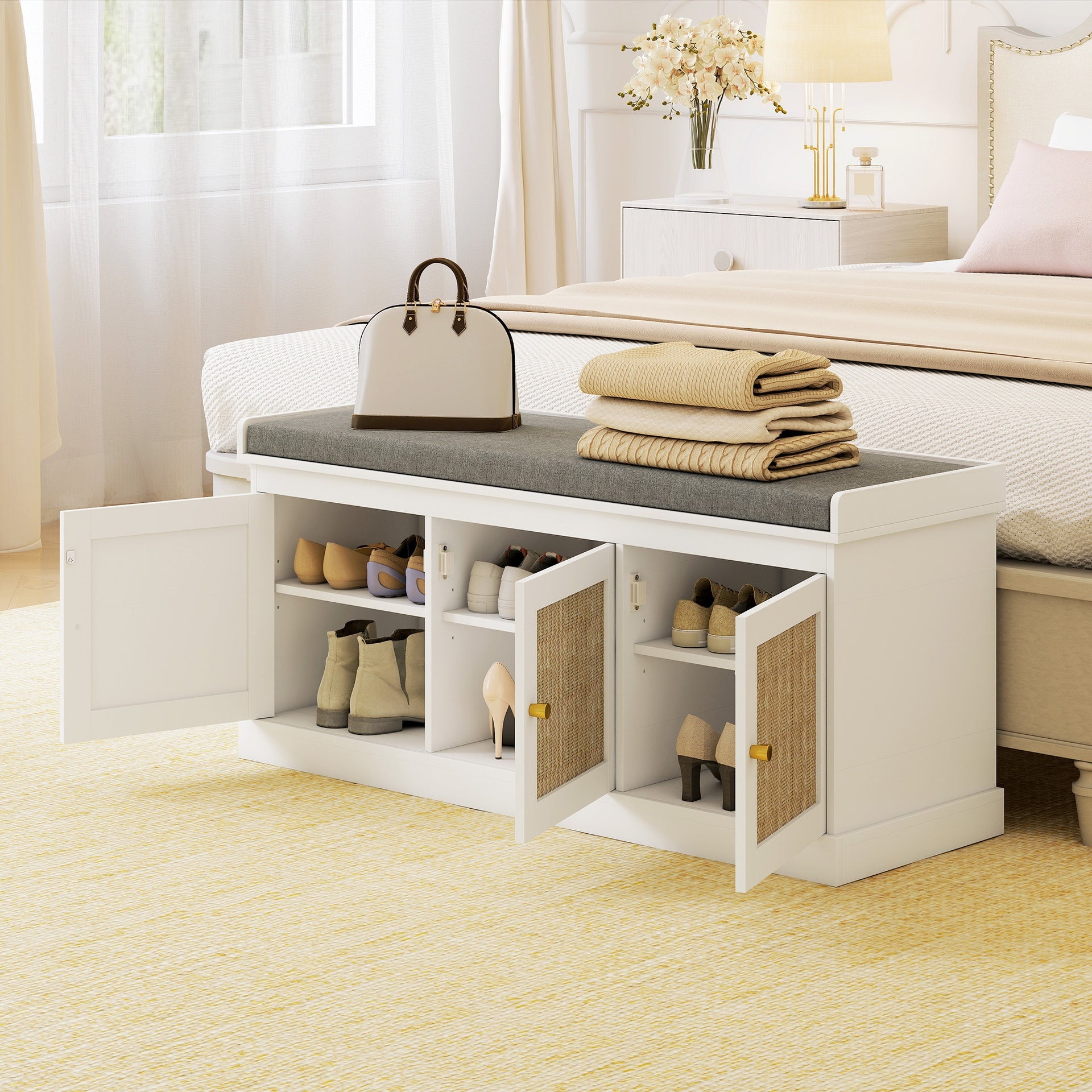 HOMCOM Shoe Storage Bench with Woven Rattan Doors, Shoe Bench with Cushion, Adjustable Shelves, Entryway Bench, White