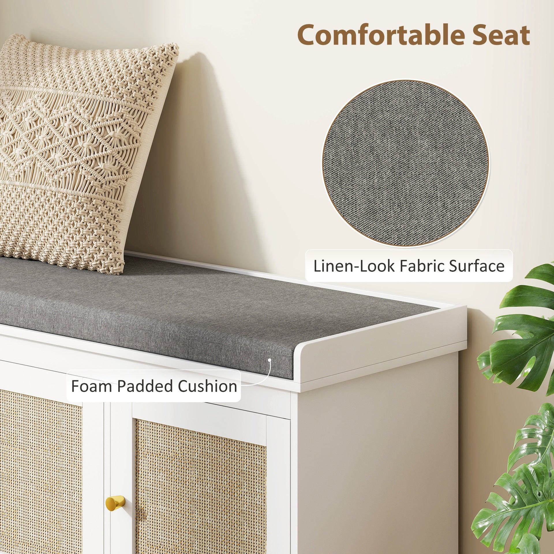 HOMCOM Shoe Storage Bench with Woven Rattan Doors, Shoe Bench with Cushion, Adjustable Shelves, Entryway Bench, White