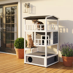 PawHut Wooden Outdoor Cat House, Feral Cat Shelter Kitten Condo with Asphalt Roof, Escape Doors, Condo, Jumping Platform, Gray