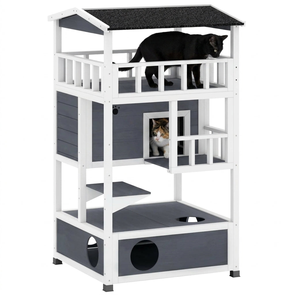 PawHut Wooden Outdoor Cat House, Feral Cat Shelter Kitten Condo with Asphalt Roof, Escape Doors, Condo, Jumping Platform, Gray