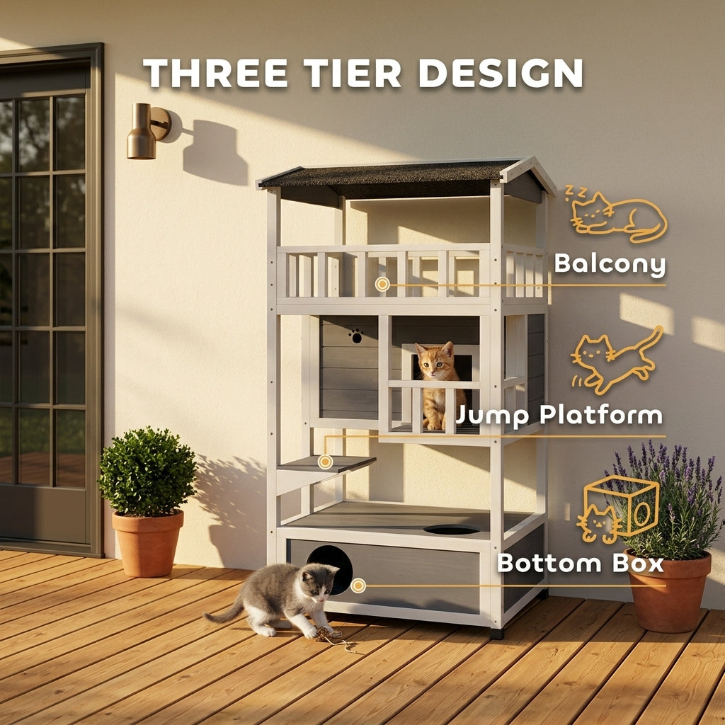 PawHut Wooden Outdoor Cat House, Feral Cat Shelter Kitten Condo with Asphalt Roof, Escape Doors, Condo, Jumping Platform, Gray