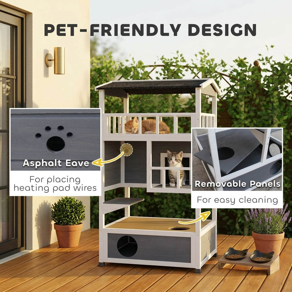PawHut Wooden Outdoor Cat House, Feral Cat Shelter Kitten Condo with Asphalt Roof, Escape Doors, Condo, Jumping Platform, Gray