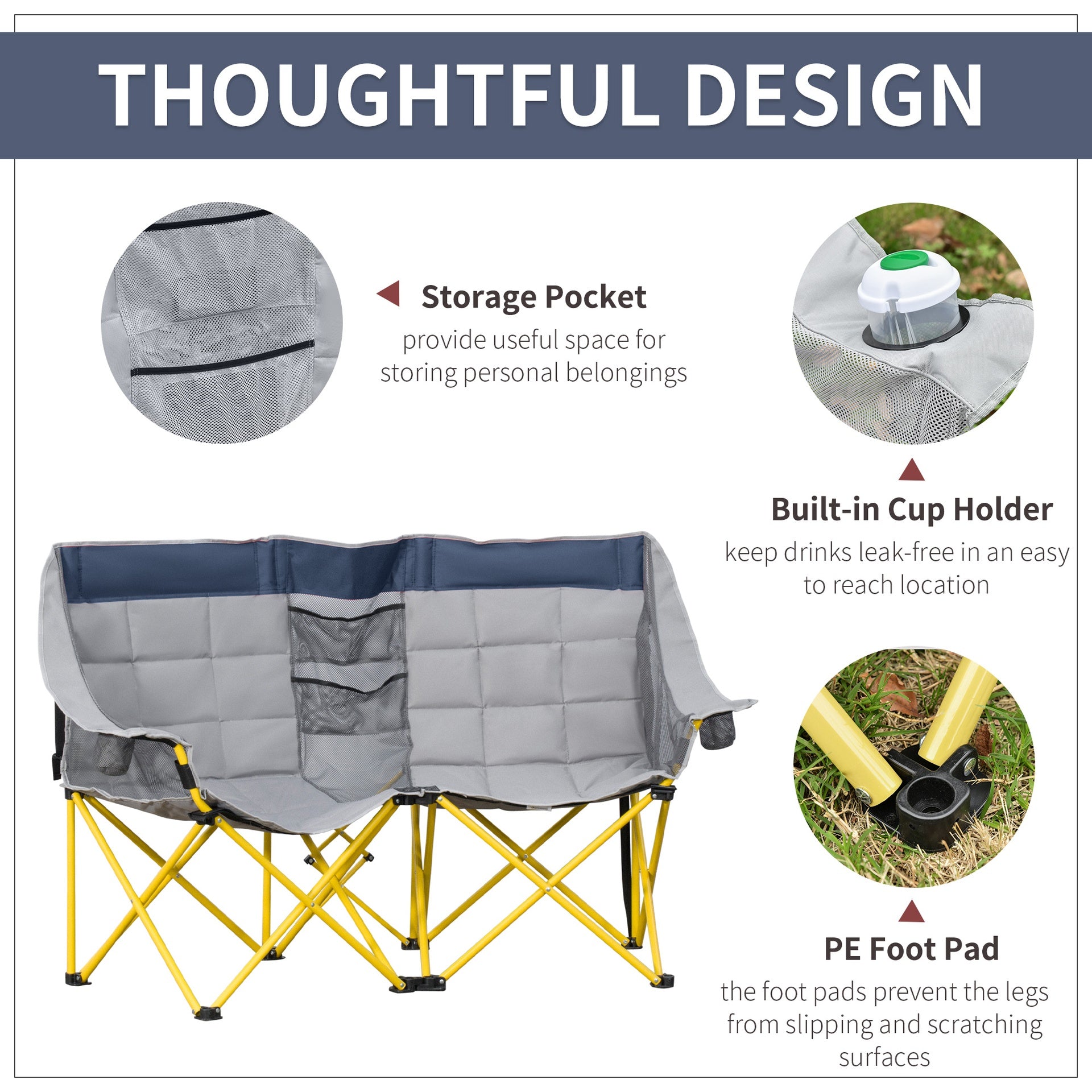 Outsunny Loveseat Style Camping Chair, Oversized Folding Lawn Chair with Carry Bag & Cup Holders, for Outdoor, Beach, Picnic, Hiking, Travel, Navy Blue & Gray