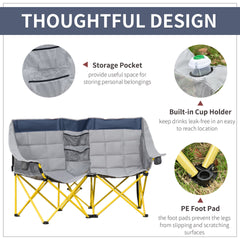 Outsunny Loveseat Style Camping Chair, Oversized Folding Lawn Chair with Carry Bag & Cup Holders, for Outdoor, Beach, Picnic, Hiking, Travel, Navy Blue & Gray