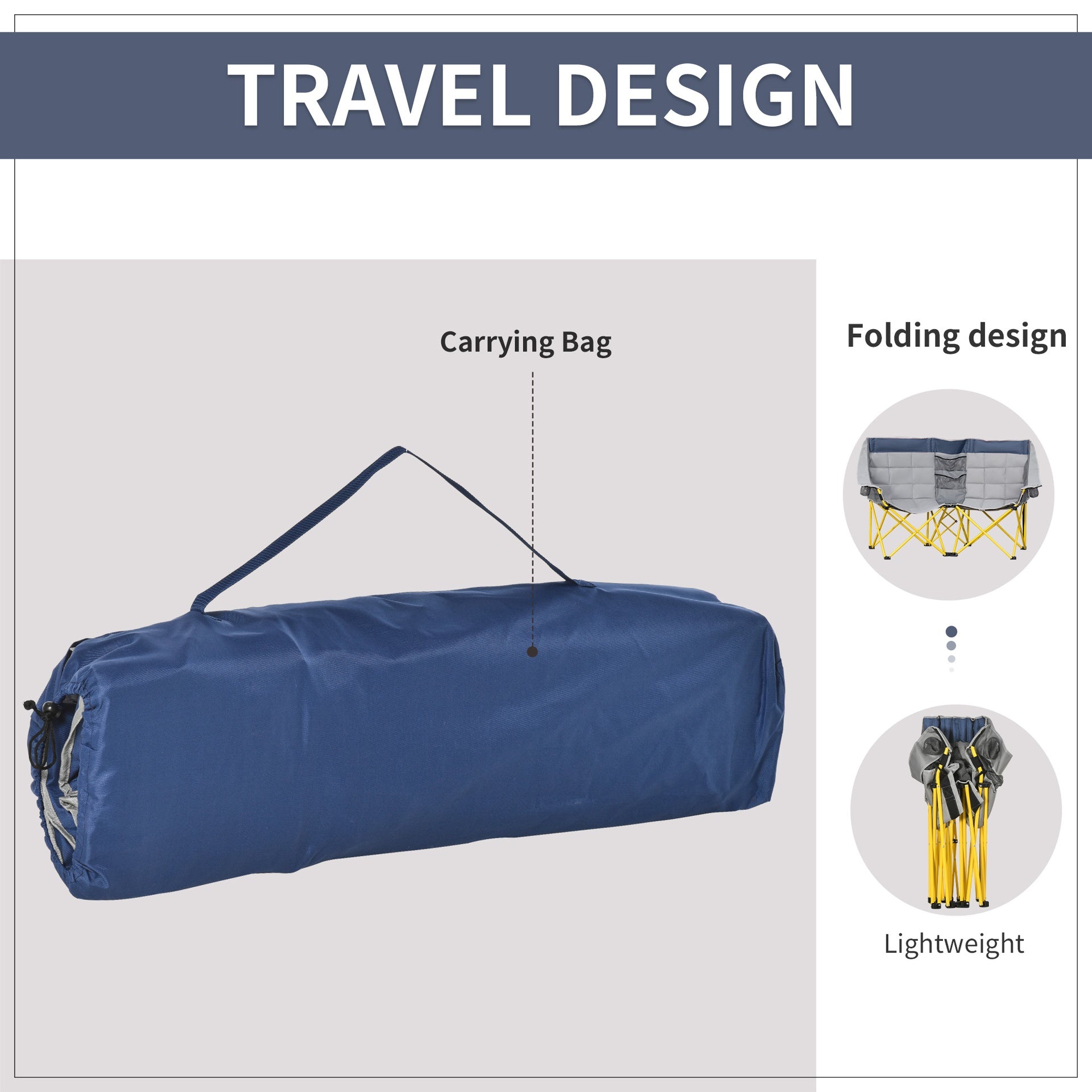 Outsunny Loveseat Style Camping Chair, Oversized Folding Lawn Chair with Carry Bag & Cup Holders, for Outdoor, Beach, Picnic, Hiking, Travel, Navy Blue & Gray