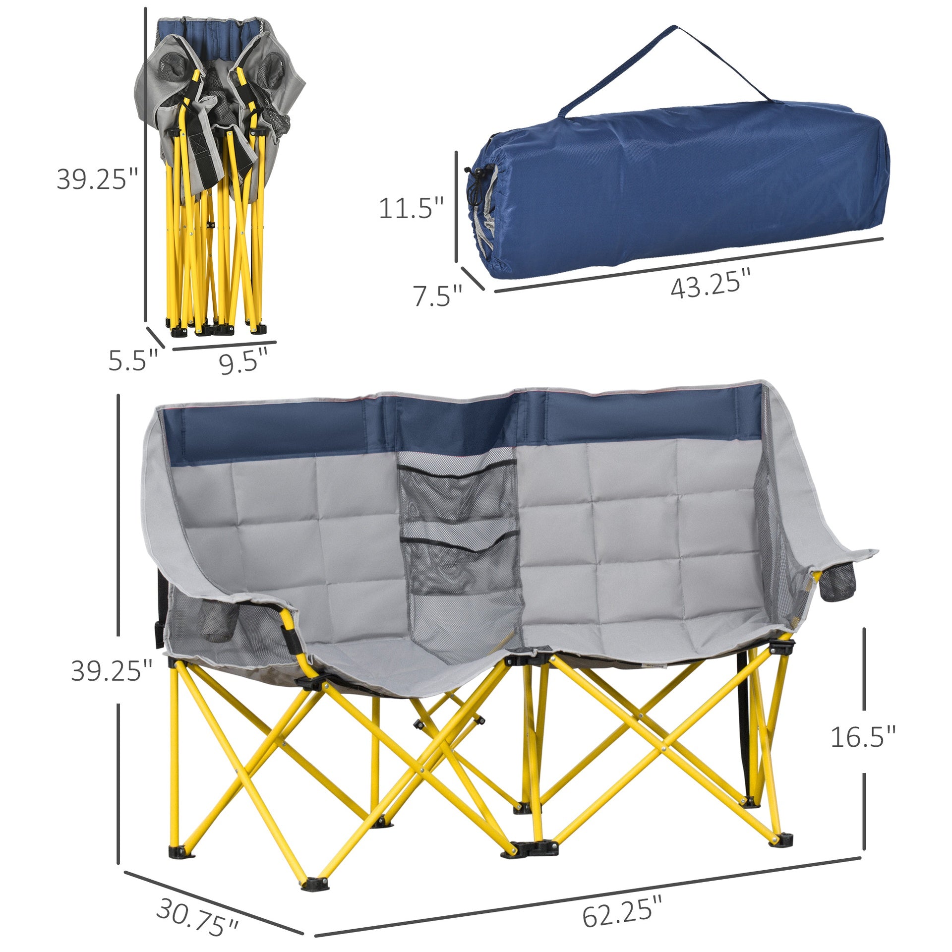Outsunny Loveseat Style Camping Chair, Oversized Folding Lawn Chair with Carry Bag & Cup Holders, for Outdoor, Beach, Picnic, Hiking, Travel, Navy Blue & Gray