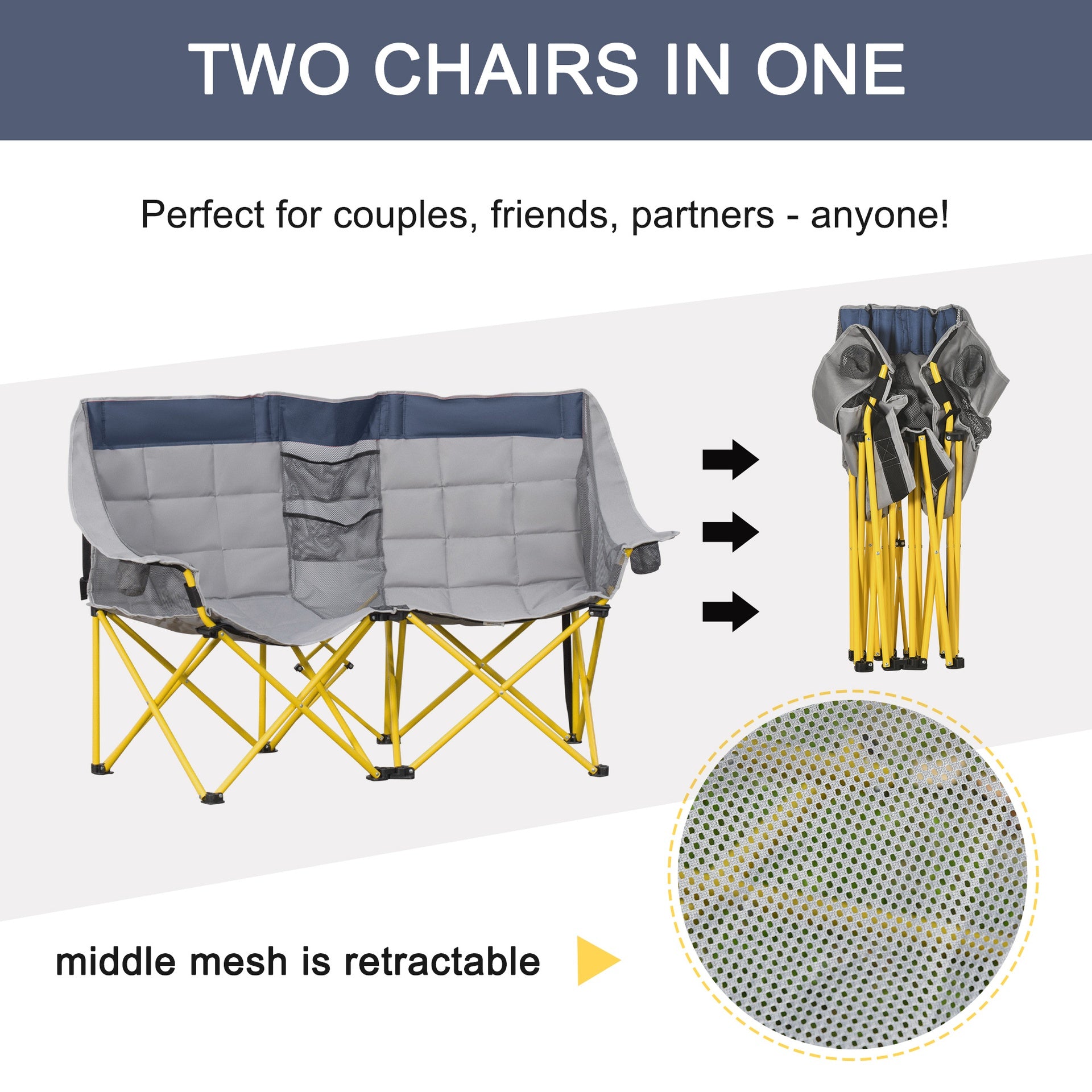 Outsunny Loveseat Style Camping Chair, Oversized Folding Lawn Chair with Carry Bag & Cup Holders, for Outdoor, Beach, Picnic, Hiking, Travel, Navy Blue & Gray