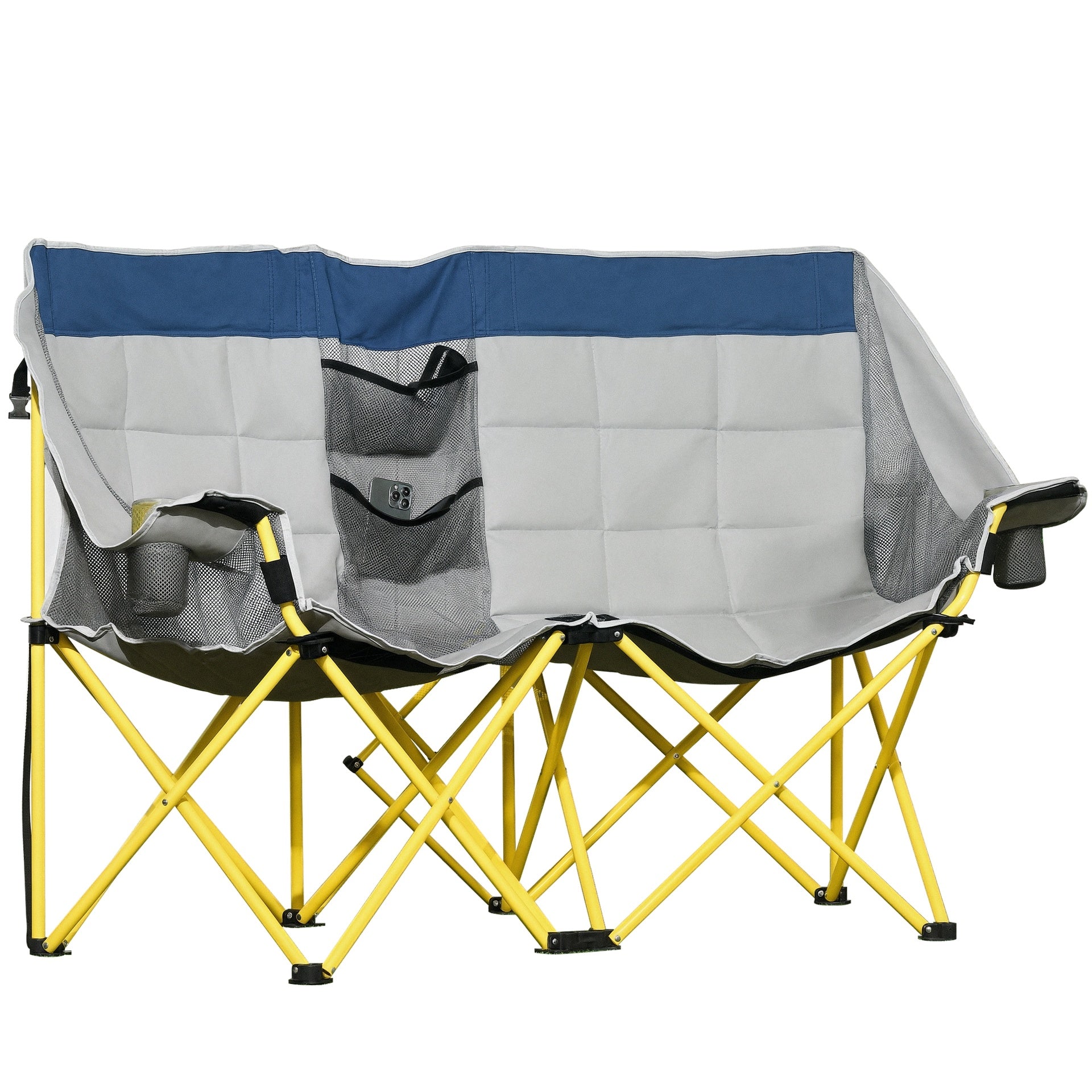 Outsunny Loveseat Style Camping Chair, Oversized Folding Lawn Chair with Carry Bag & Cup Holders, for Outdoor, Beach, Picnic, Hiking, Travel, Navy Blue & Gray