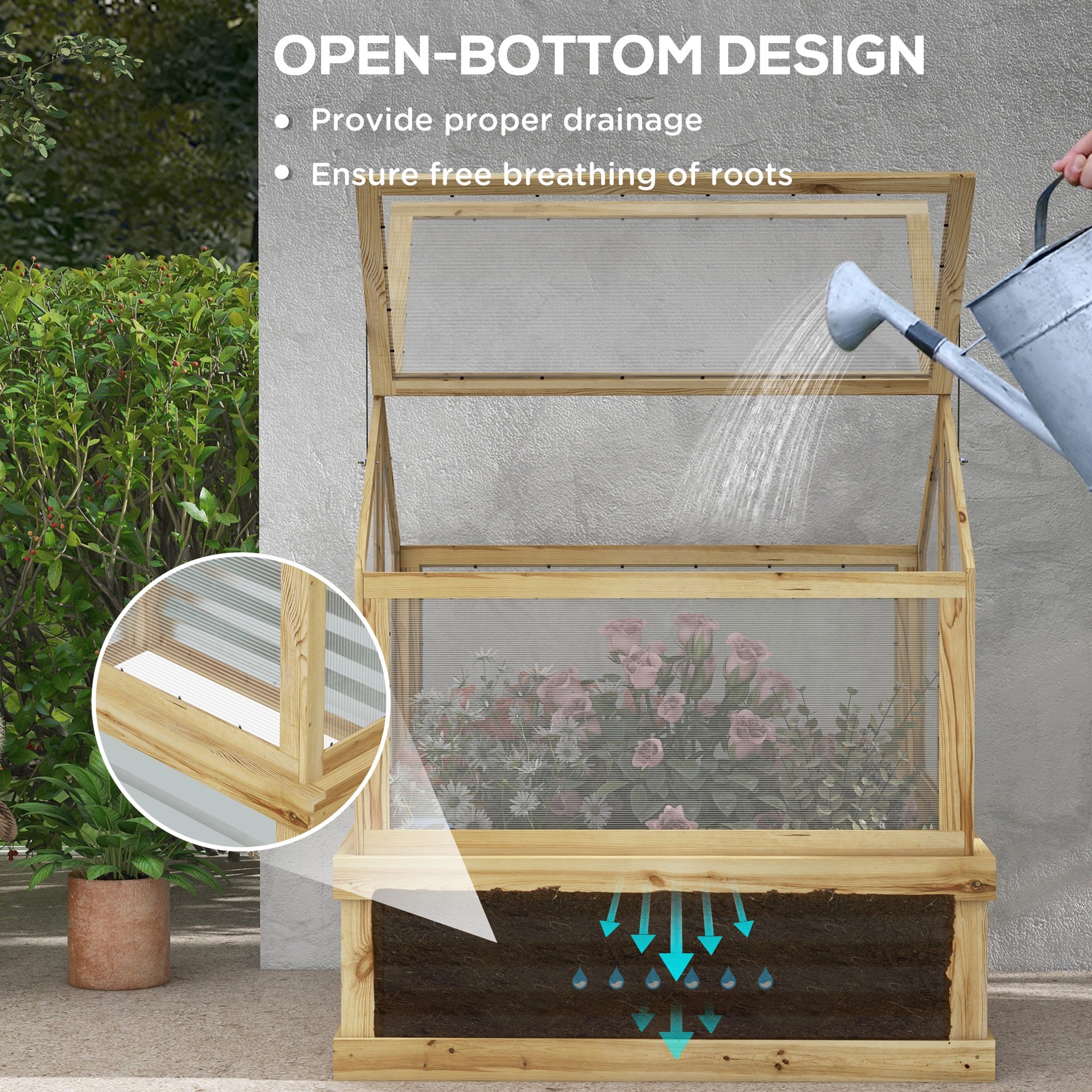 Outsunny Raised Garden Flower Bed Kit with Greenhouse, Wooden Cold Frame Planter, 35.5" x 31.5" x 36", Natural