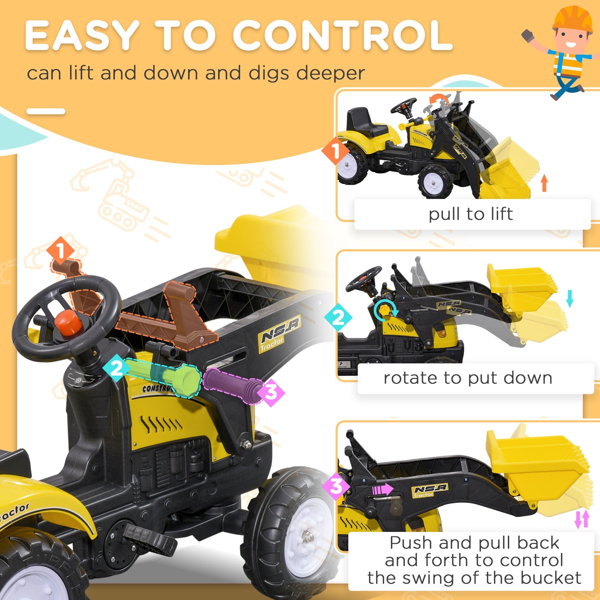 Aosom Kids Ride on Excavator, Pedal Go Kart with Front Loader Digger for 3 Year Old, Yellow