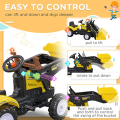 Aosom Kids Ride on Excavator, Pedal Go Kart with Front Loader Digger for 3 Year Old, Yellow