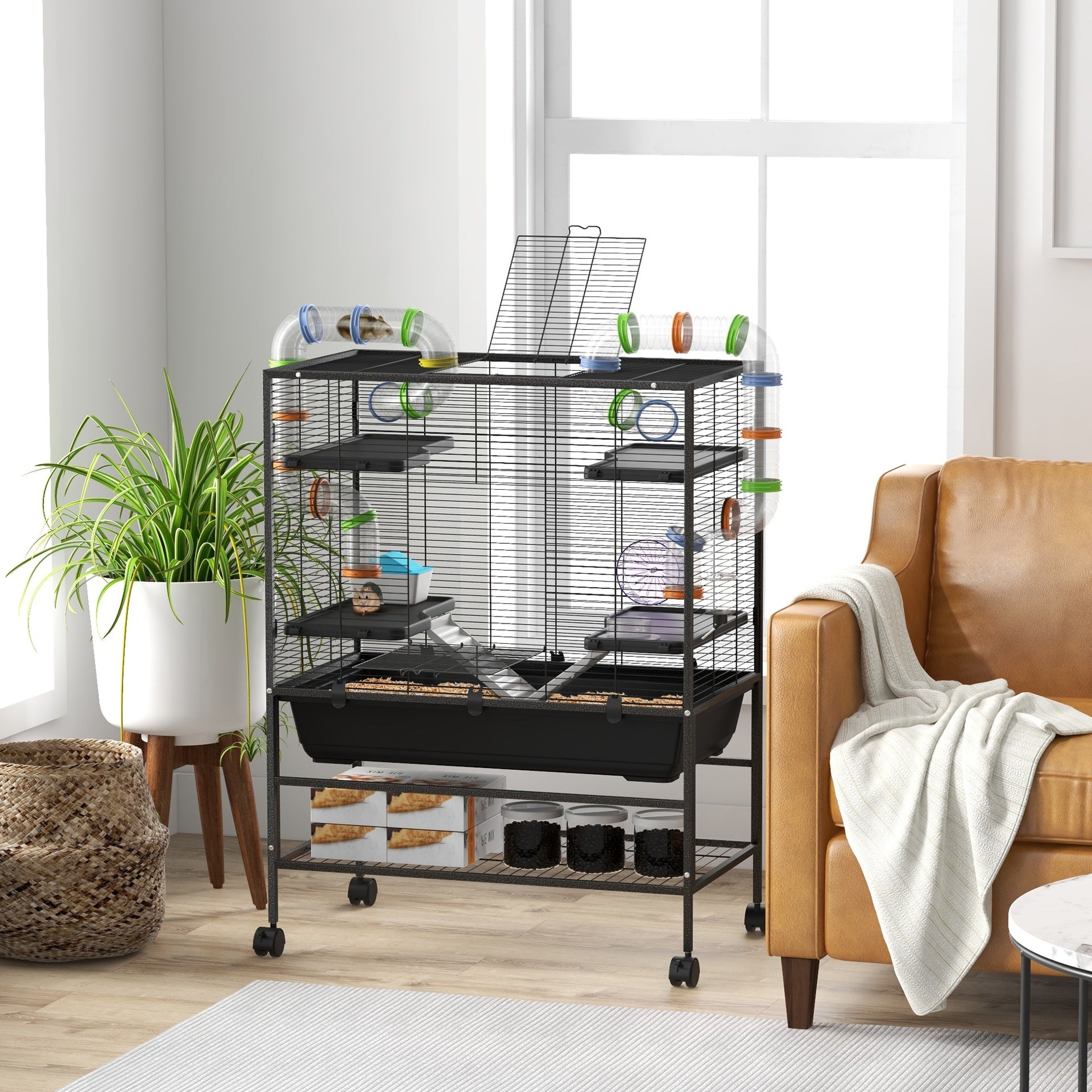 PawHut Small Animal Cage for Syrian Hamster, Gerbil Cage with Tubing System, Running Wheel, Ramps, Platforms