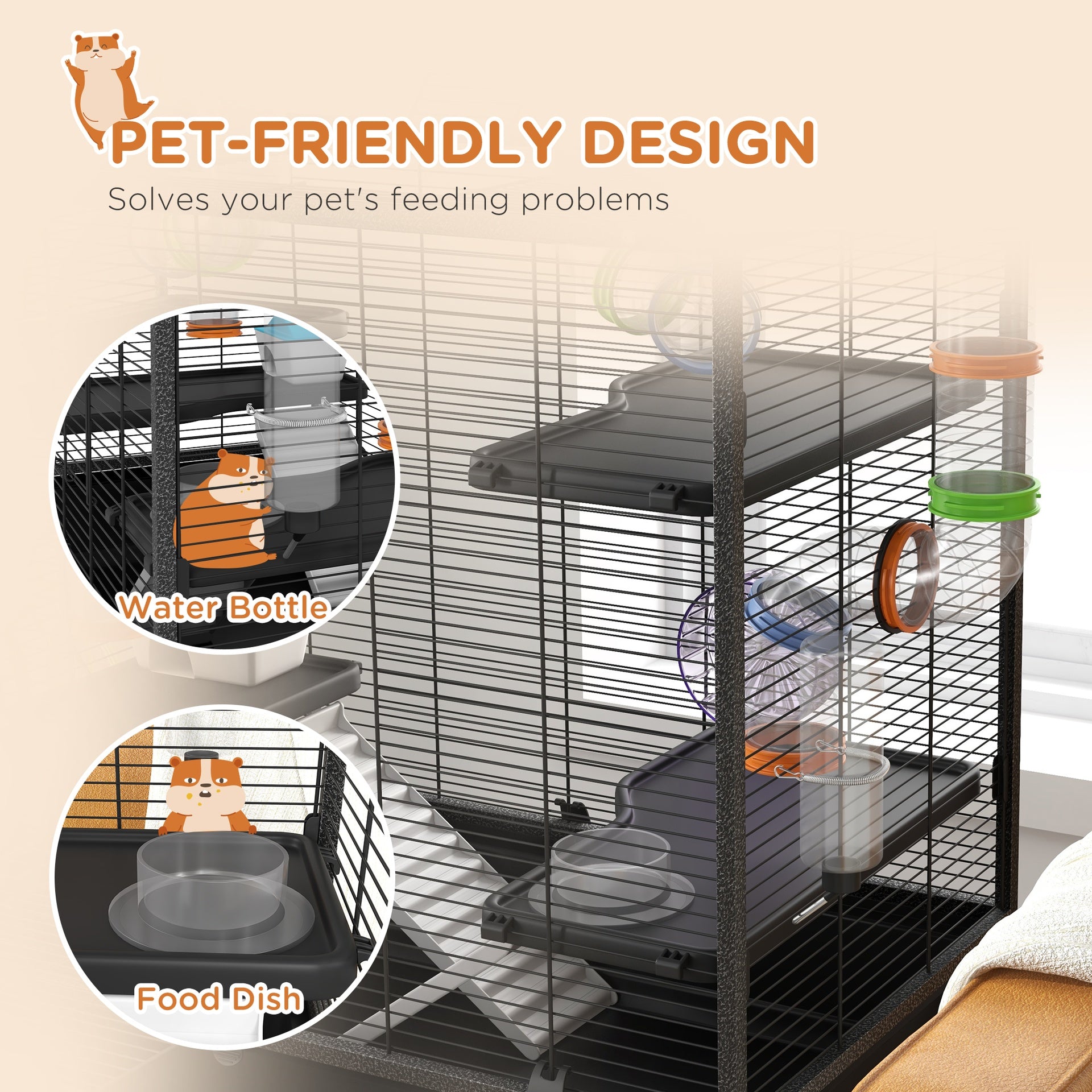 PawHut Small Animal Cage for Syrian Hamster, Gerbil Cage with Tubing System, Running Wheel, Ramps, Platforms