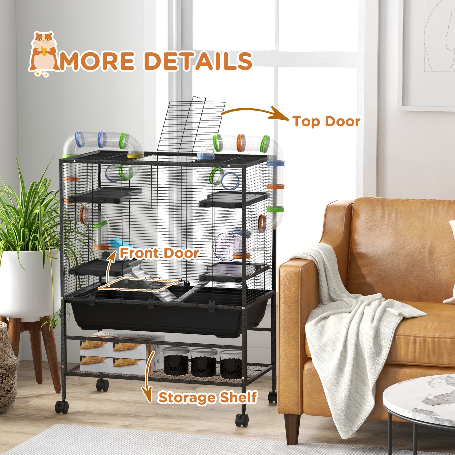 PawHut Small Animal Cage for Syrian Hamster, Gerbil Cage with Tubing System, Running Wheel, Ramps, Platforms