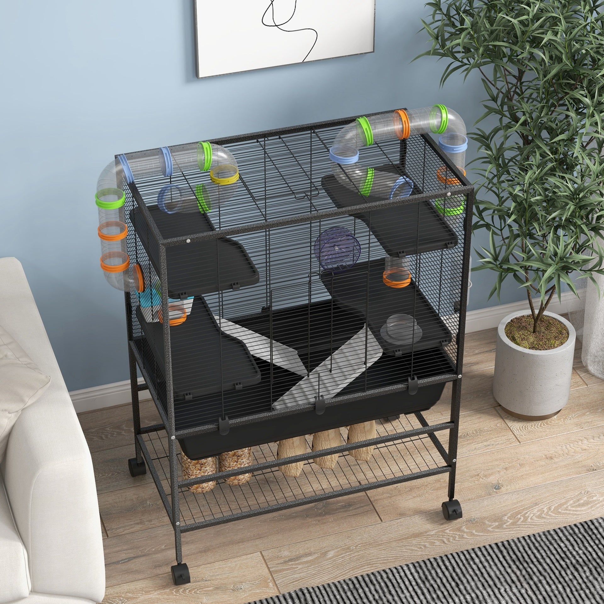 PawHut Small Animal Cage for Syrian Hamster, Gerbil Cage with Tubing System, Running Wheel, Ramps, Platforms