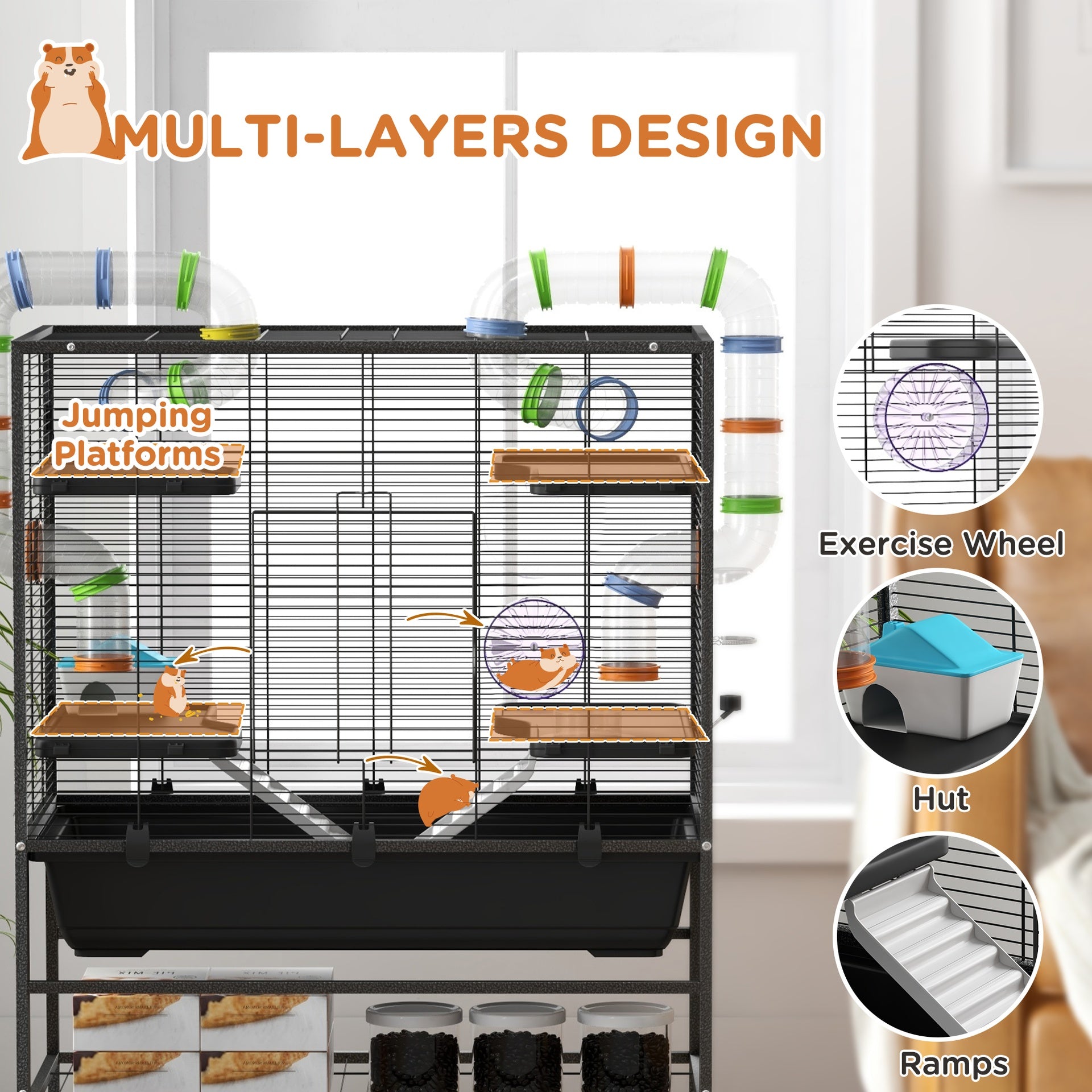 PawHut Small Animal Cage for Syrian Hamster, Gerbil Cage with Tubing System, Running Wheel, Ramps, Platforms