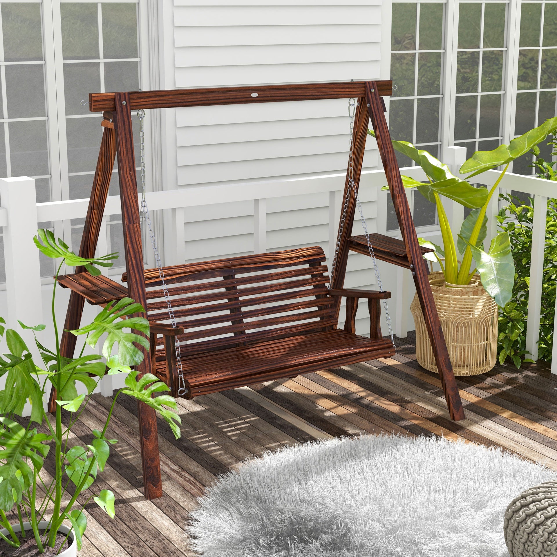 Outsunny 2-Seat Outdoor Swing Chair with Stand and Side Tables for Garden, Poolside, Backyard, Carbonized