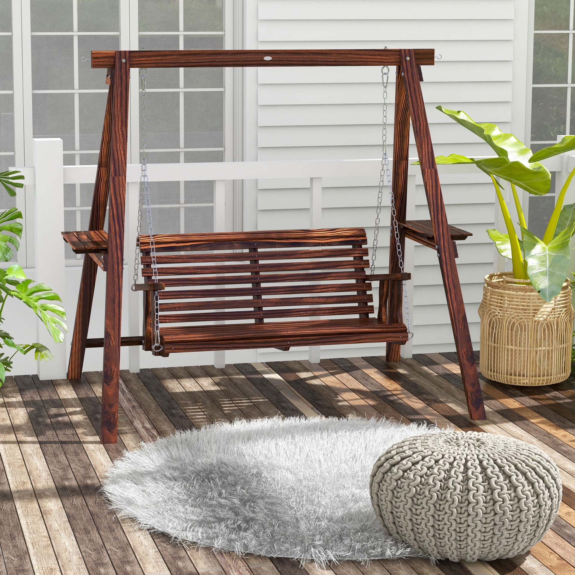 Outsunny 2-Seat Outdoor Swing Chair with Stand and Side Tables for Garden, Poolside, Backyard, Carbonized
