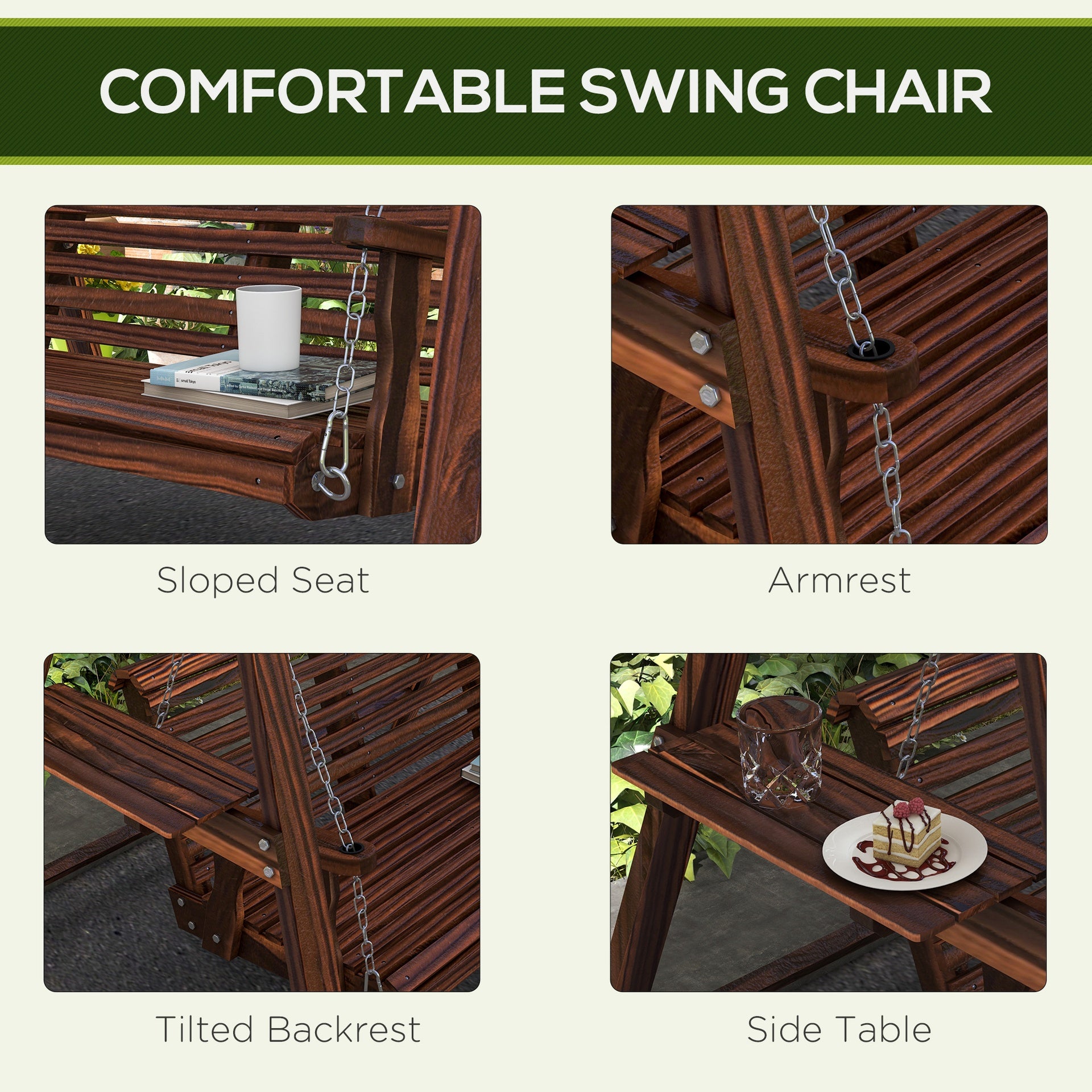 Outsunny 2-Seat Outdoor Swing Chair with Stand and Side Tables for Garden, Poolside, Backyard, Carbonized