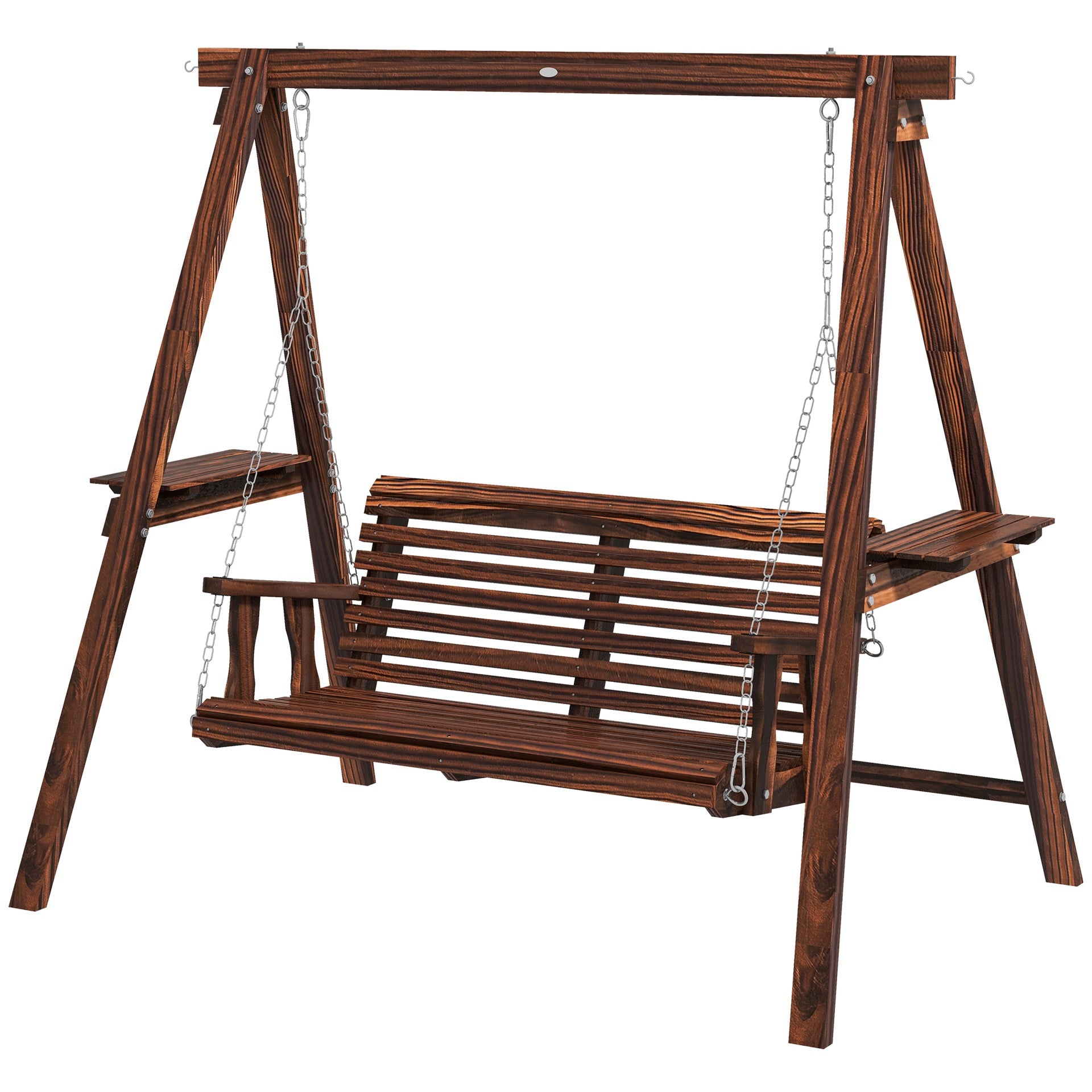 Outsunny 2-Seat Outdoor Swing Chair with Stand and Side Tables for Garden, Poolside, Backyard, Carbonized
