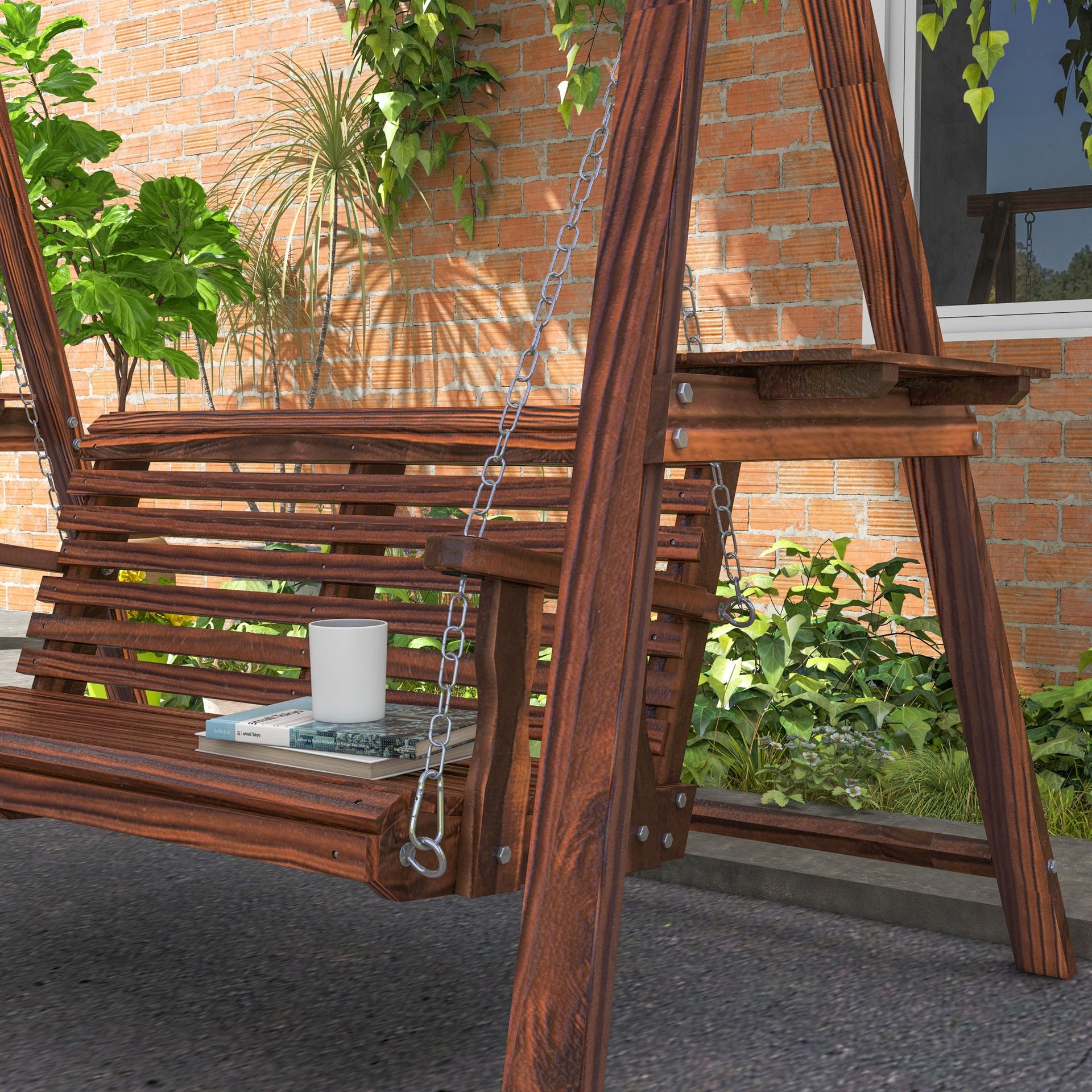 Outsunny 2-Seat Outdoor Swing Chair with Stand and Side Tables for Garden, Poolside, Backyard, Carbonized