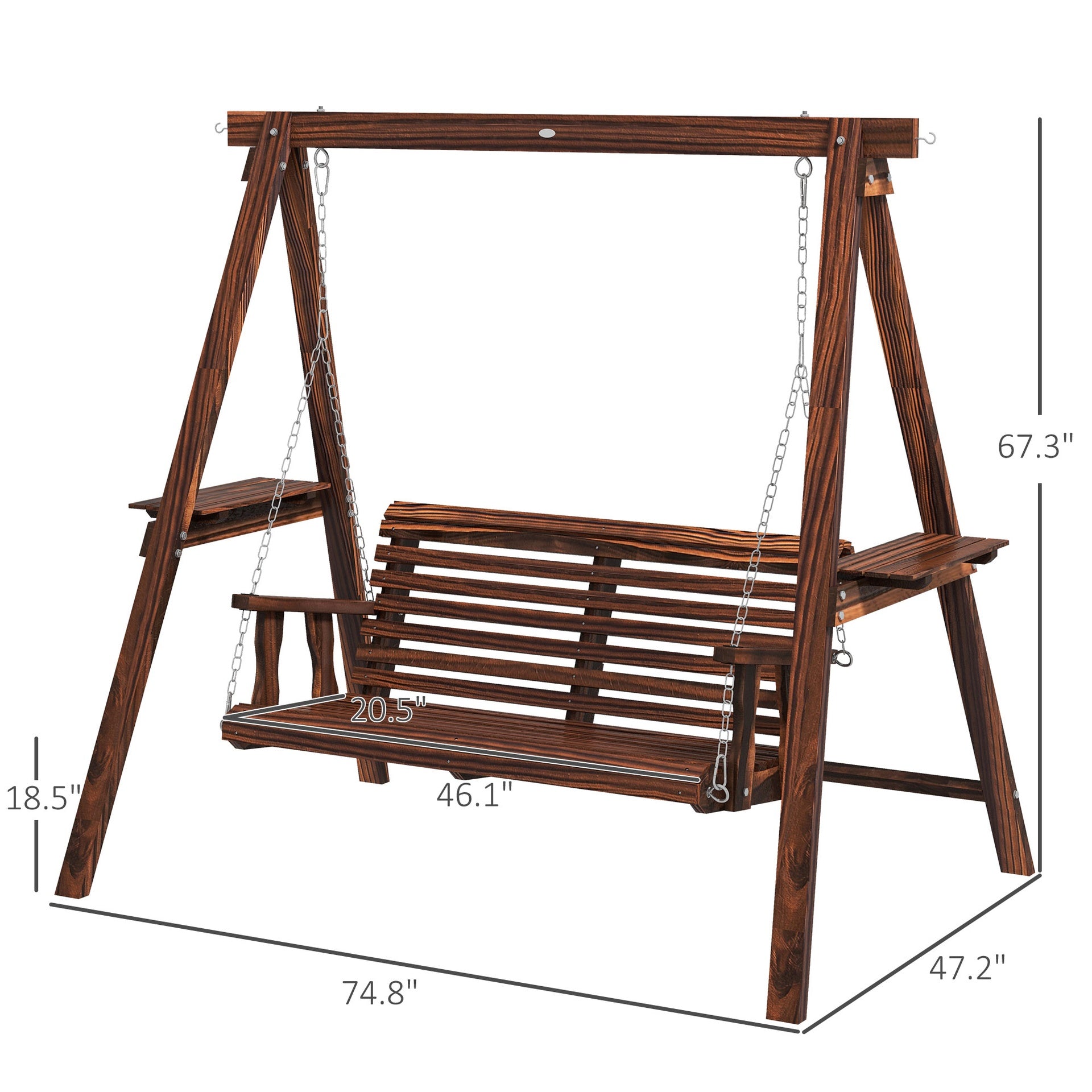 Outsunny 2-Seat Outdoor Swing Chair with Stand and Side Tables for Garden, Poolside, Backyard, Carbonized