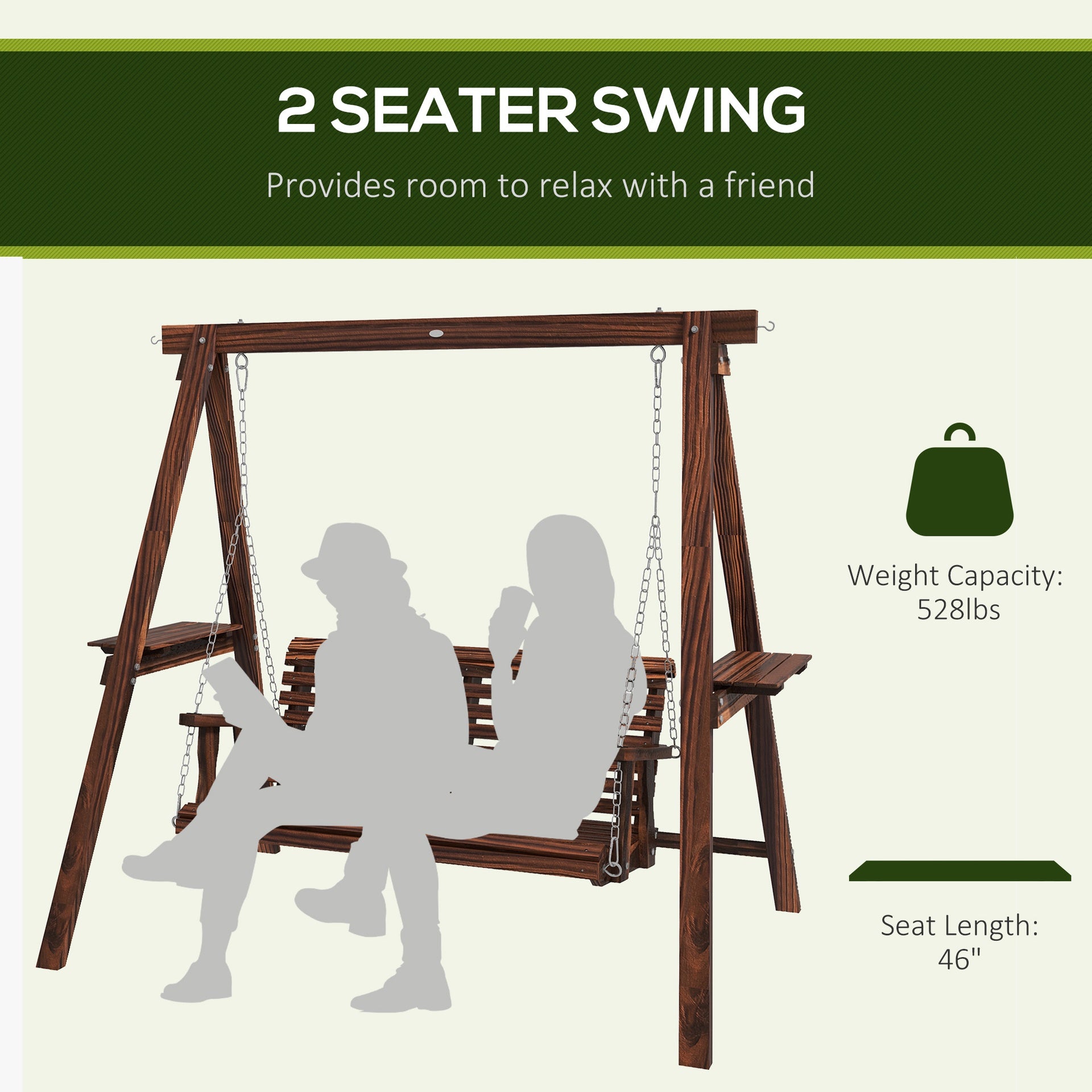 Outsunny 2-Seat Outdoor Swing Chair with Stand and Side Tables for Garden, Poolside, Backyard, Carbonized