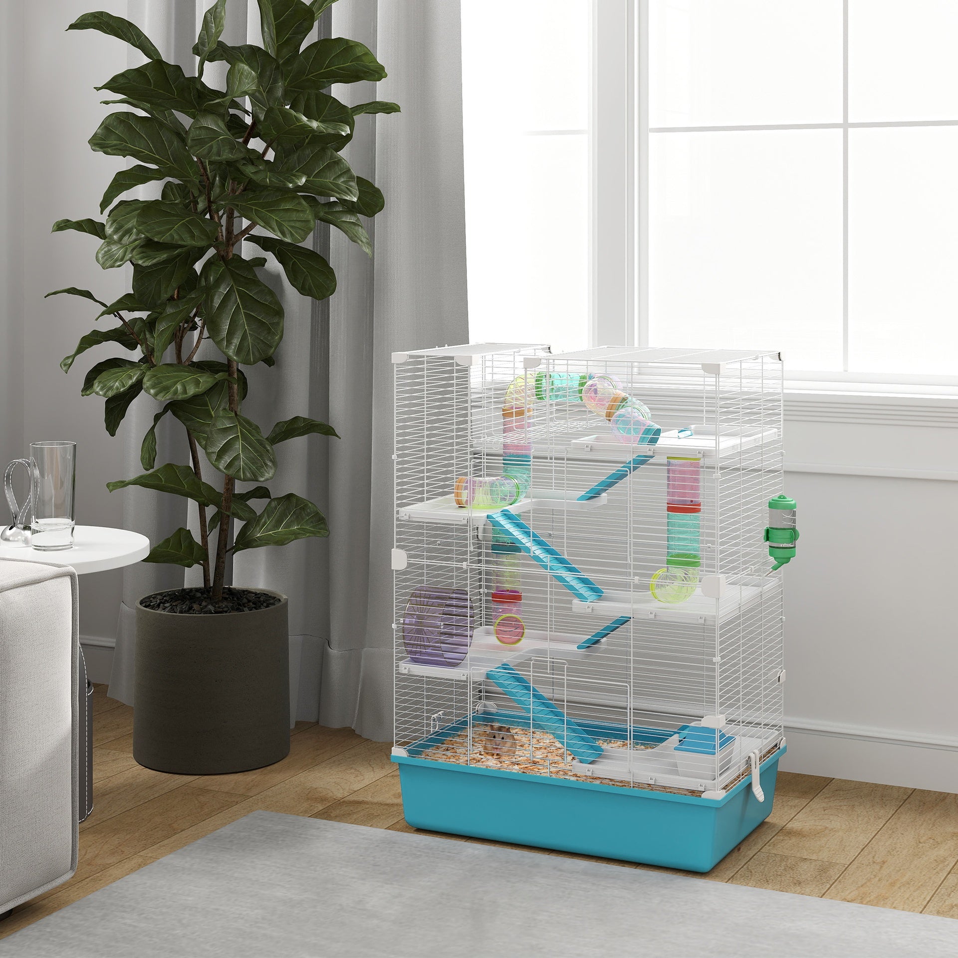 PawHut 6 Tier Hamster Cage with Tubes and Tunnels, Hut, Wheel, Food Dish, Water Bottle, Ramps, for Dwarf & Gerbil, Light Blue