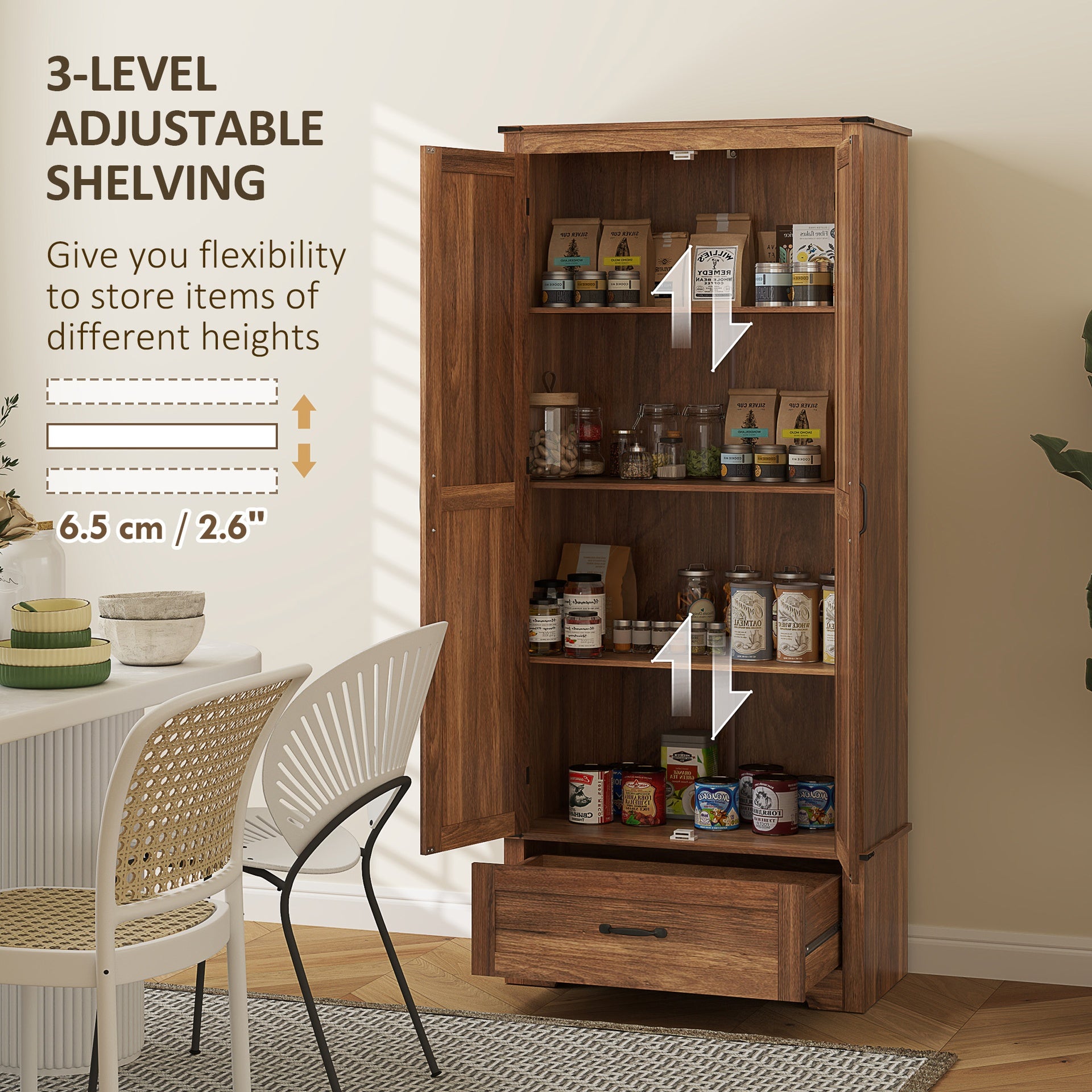 HOMCOM 72" Farmhouse Pantry Cabinet with Adjustable Shelves, Kitchen Pantry Cabinet with 2 Doors, Brown
